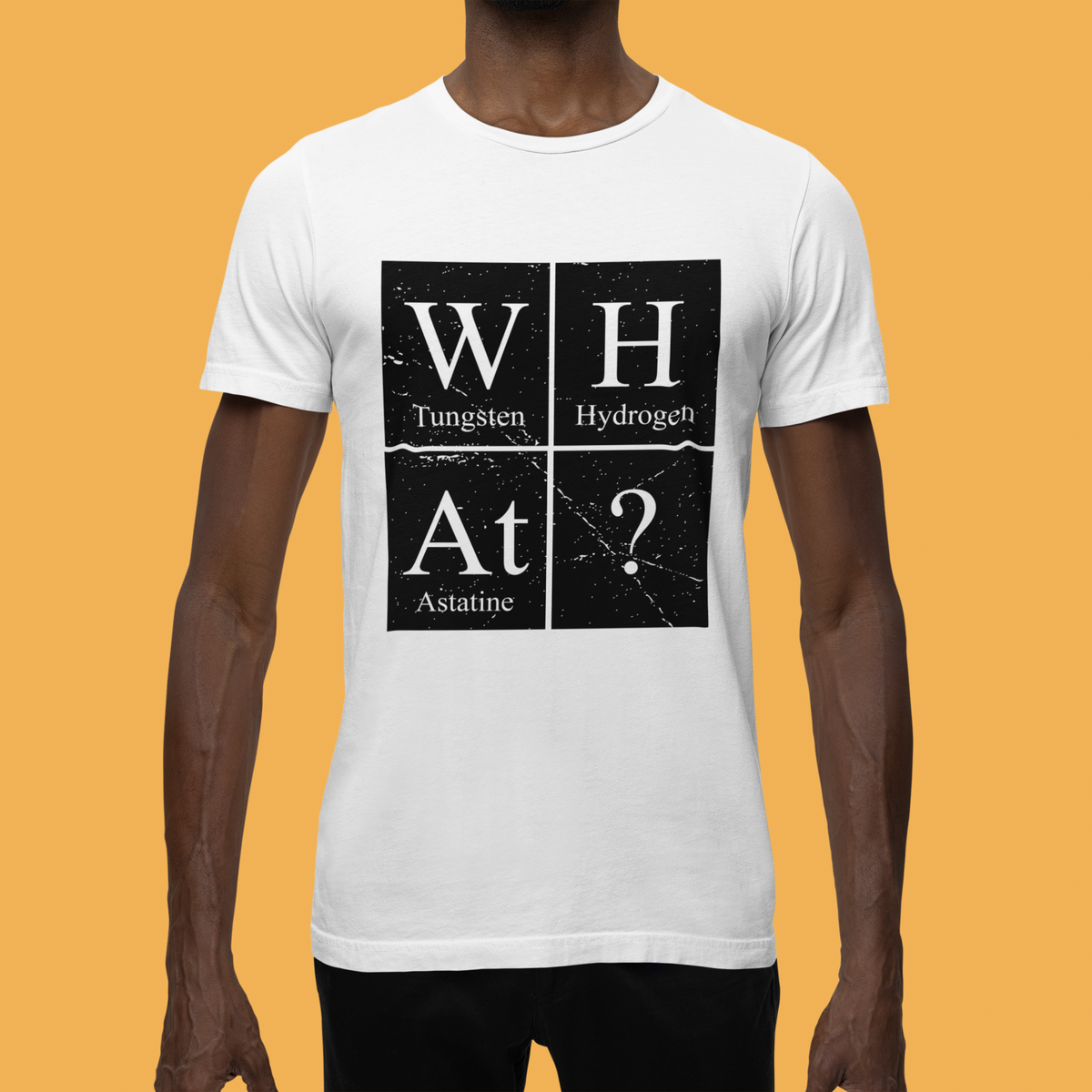 'W-H-At?' periodic table t-shirt in white, man wearing it, funny science pun graphic tee