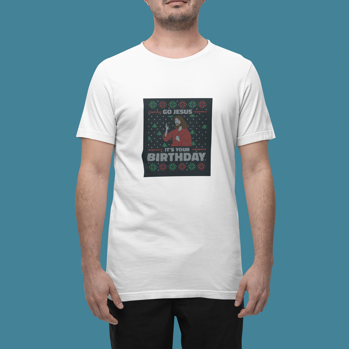 'Go Jesus It's Your Birthday Ugly Sweater T-Shirt' in white, man in a studio, T-Shirt mockup, Geekpsters