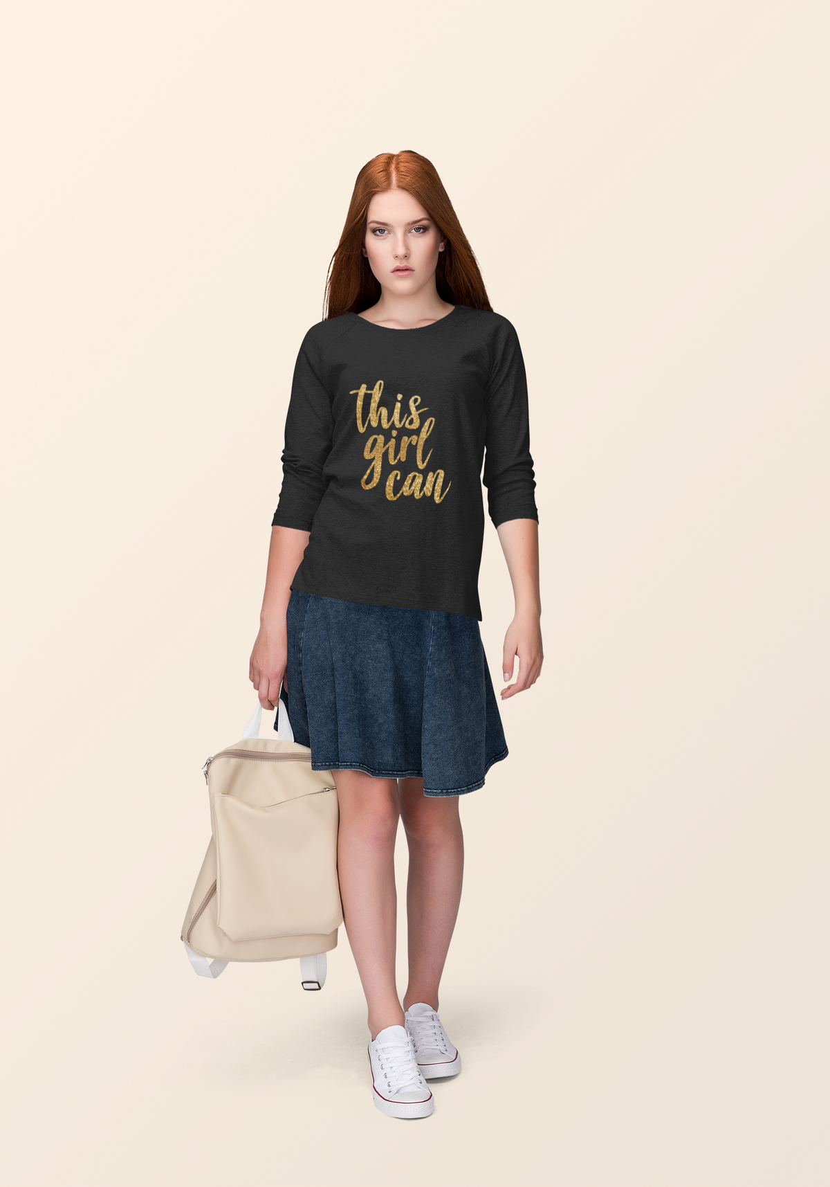 This Girl Can crewneck sweatshirt in black, woman in a travel scene with a suitcase, gift