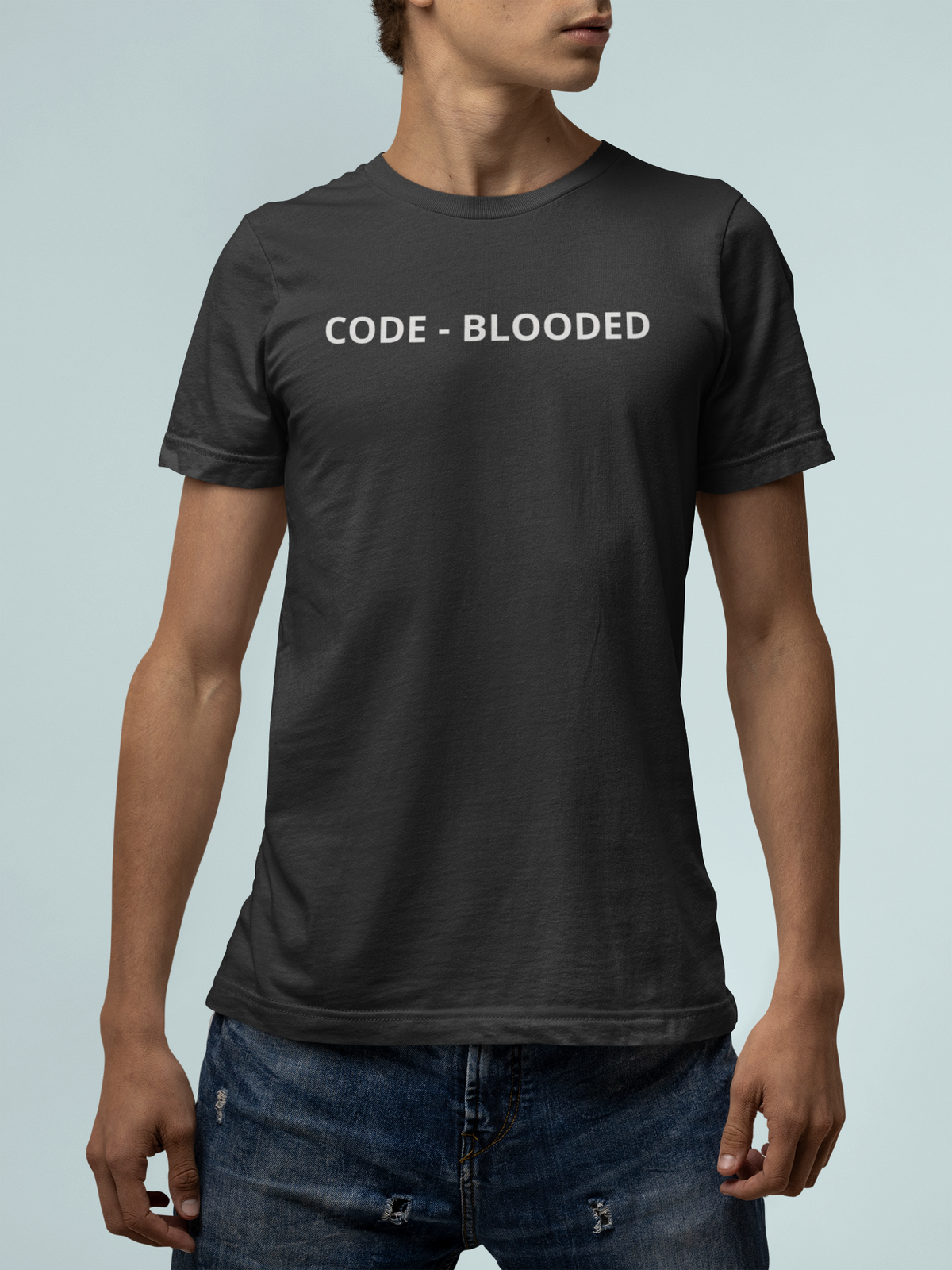 'Code - Blooded' oversized t-shirt in black, man wearing it front view, funny gift for coders