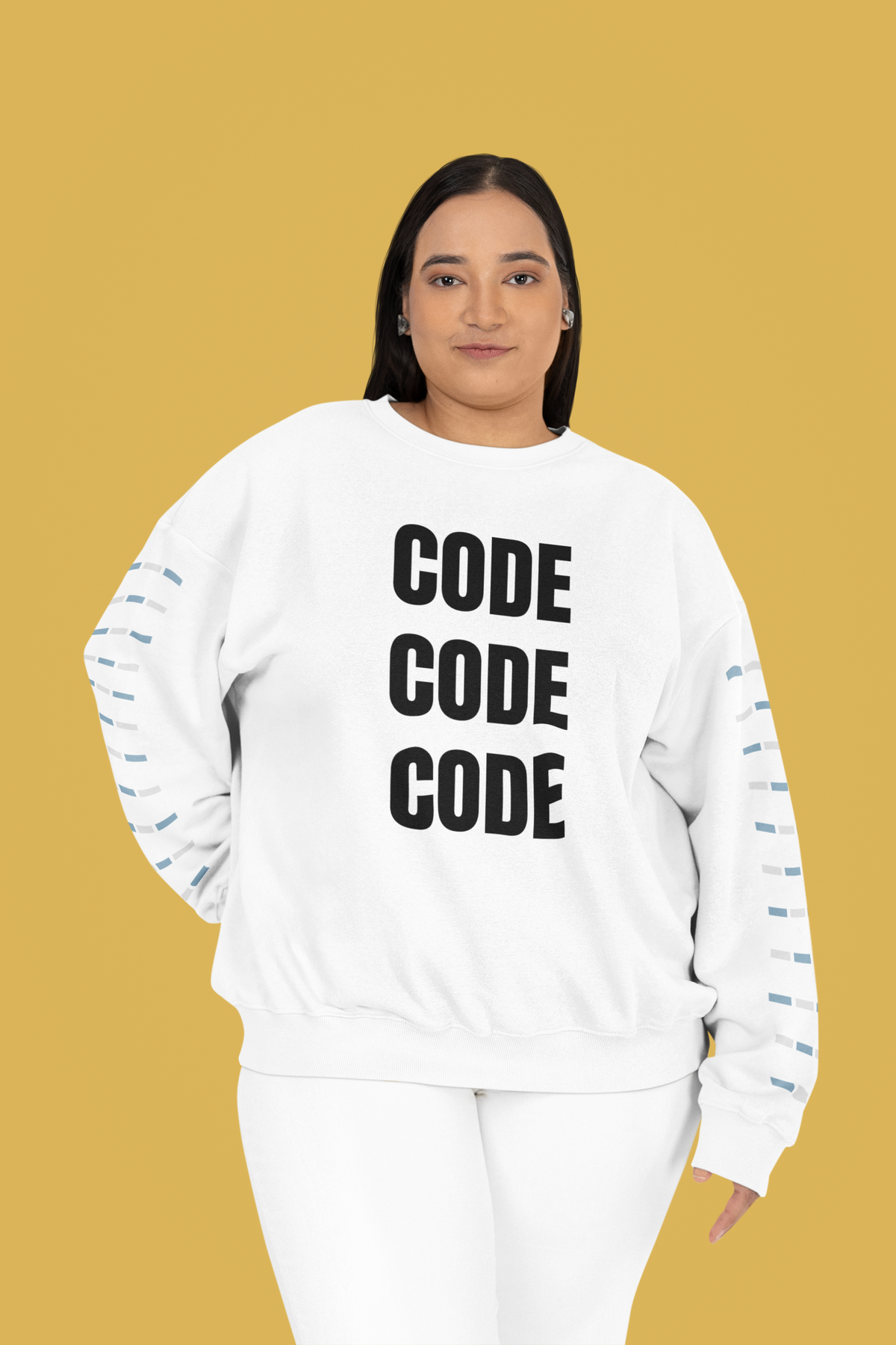 "Code Code Code" sweatshirt in white, plus size woman wearing it, funny programmer gift crewneck