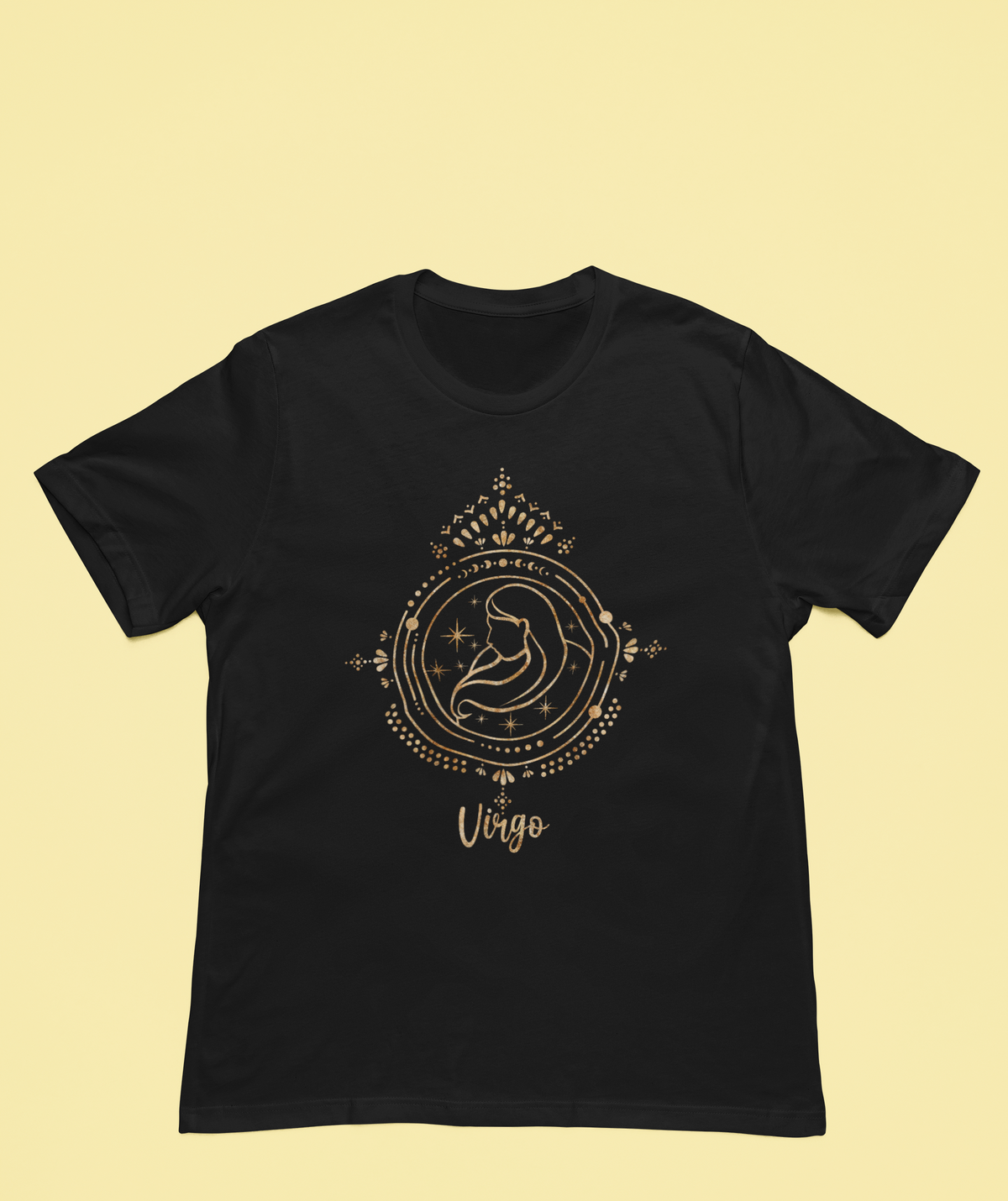 Virgo zodiac T-shirt in black, flat lay on a yellow backdrop, funny gift for astrology lovers
