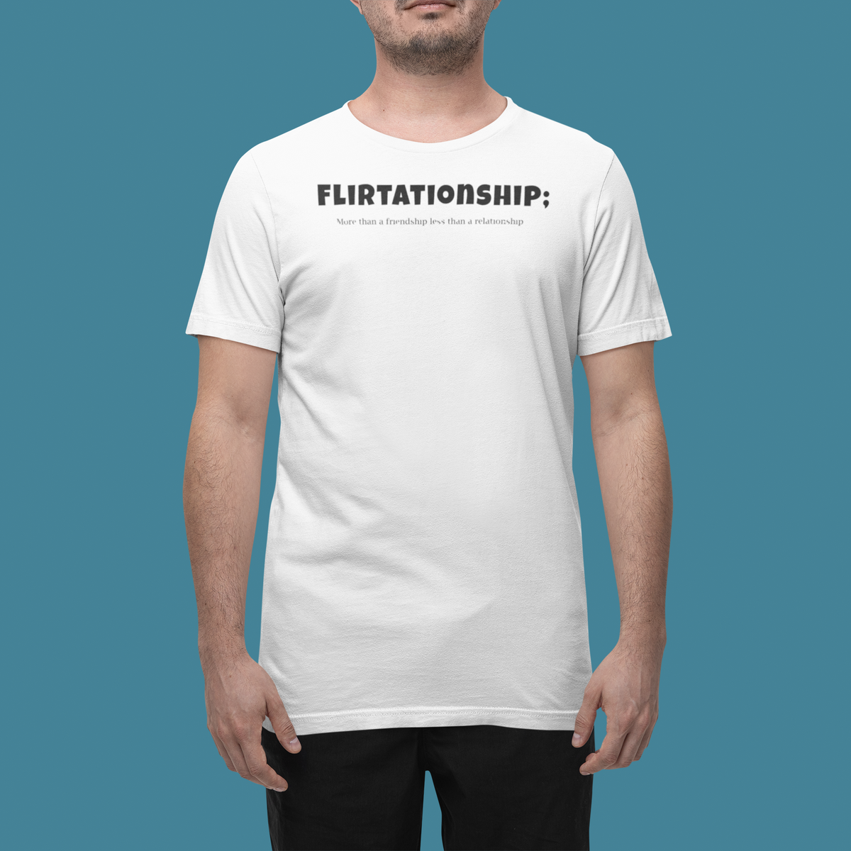 'Flirtation' t-shirt in white, man wearing it in a studio, T-Shirt mockup, Geekpsters