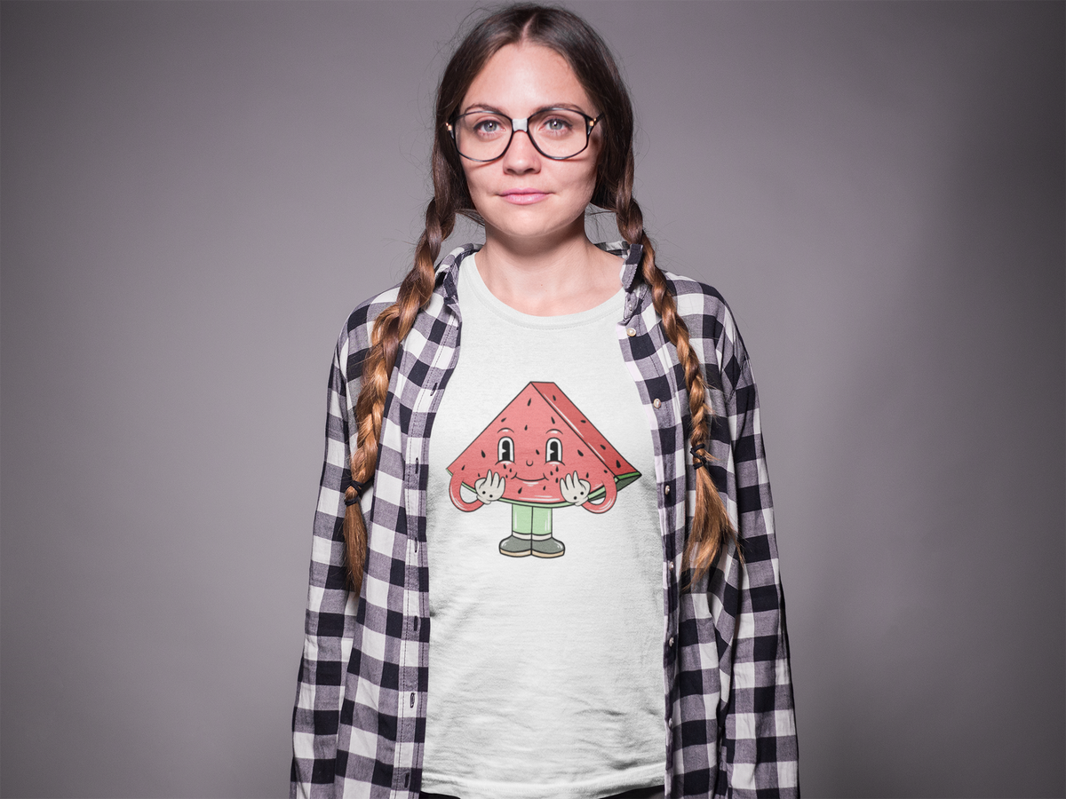 Cartoon watermelon t-shirt in white, woman with braids modeling it in a studio, funny foodie gift