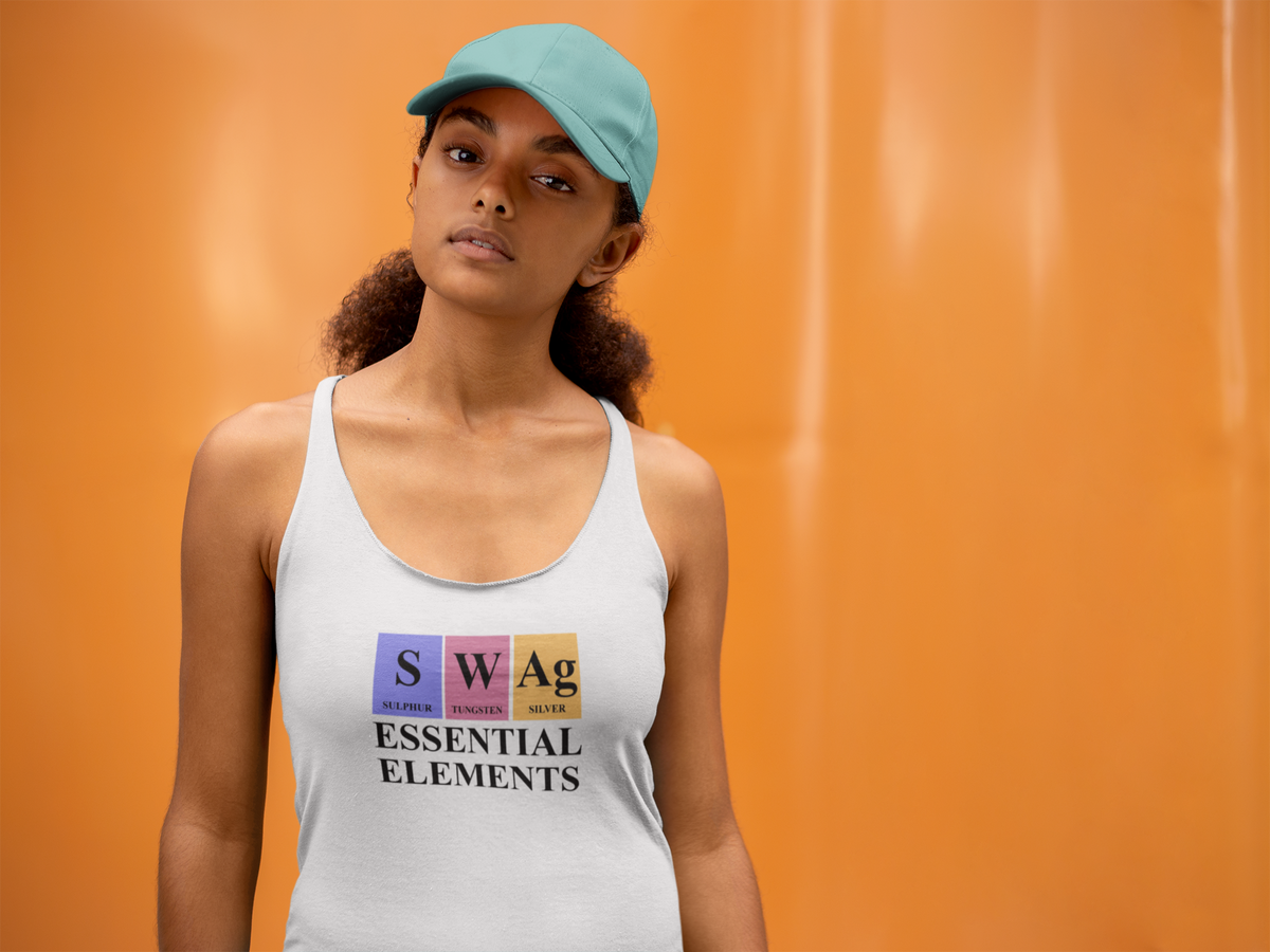 'S-W-Ag Periodic Table Women's Tank' in white, woman by an orange wall, Tank Top mockup, Geekpsters