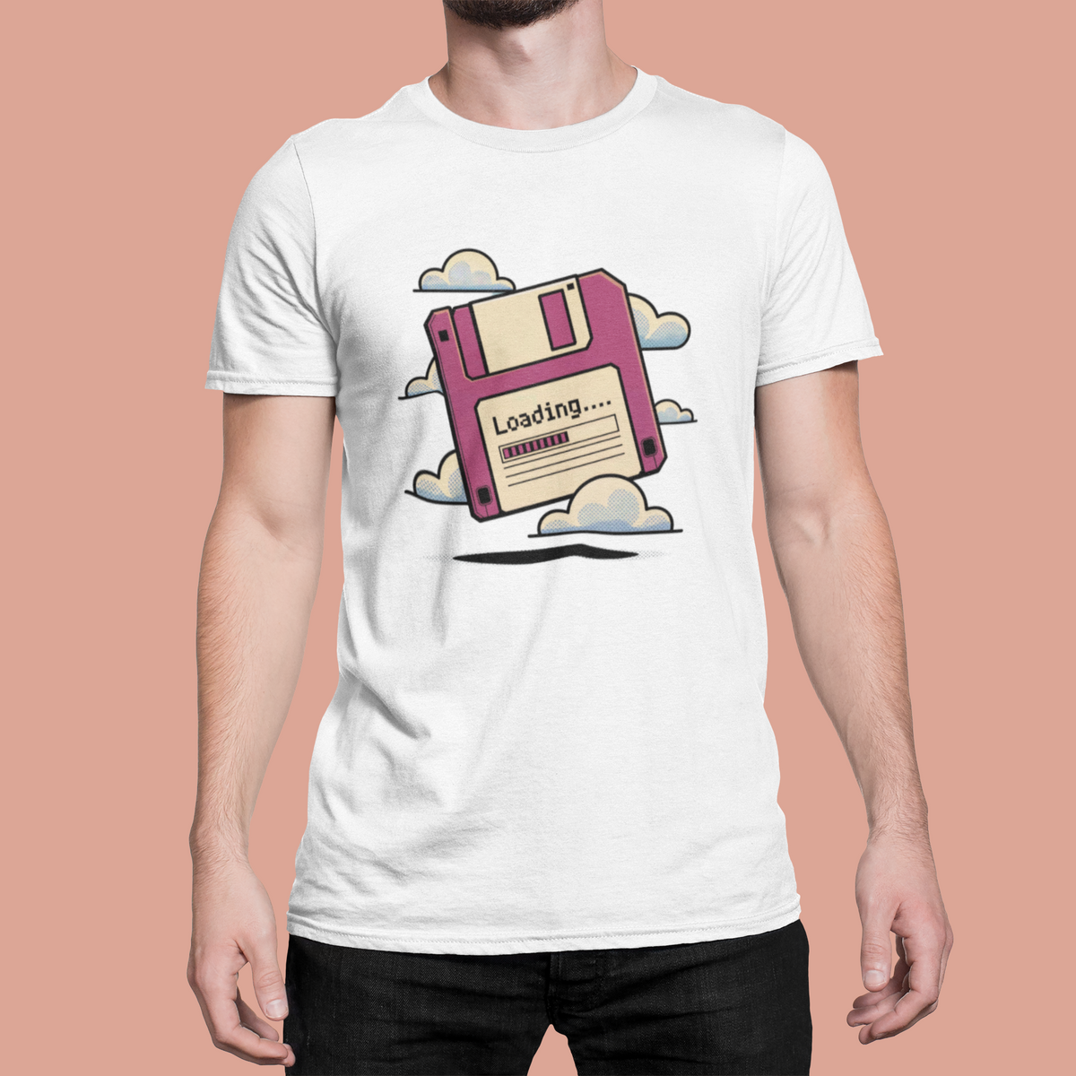 'Loading...' floppy disk T-Shirt in white, man wearing it on a pink backdrop, funny coder gift