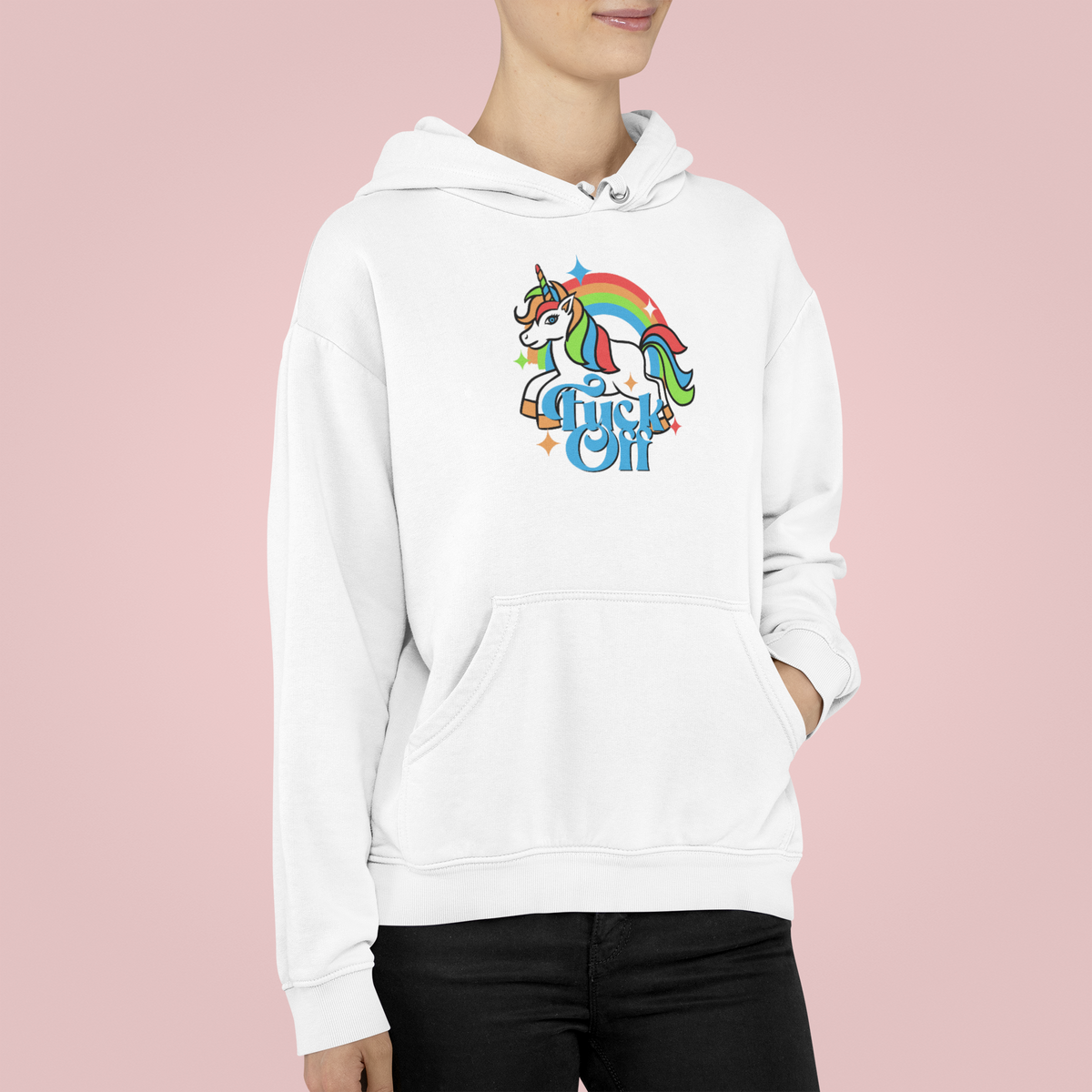 F Off Hoodie in white, woman wearing it on pink background, funny unicorn graphic hoodie gift