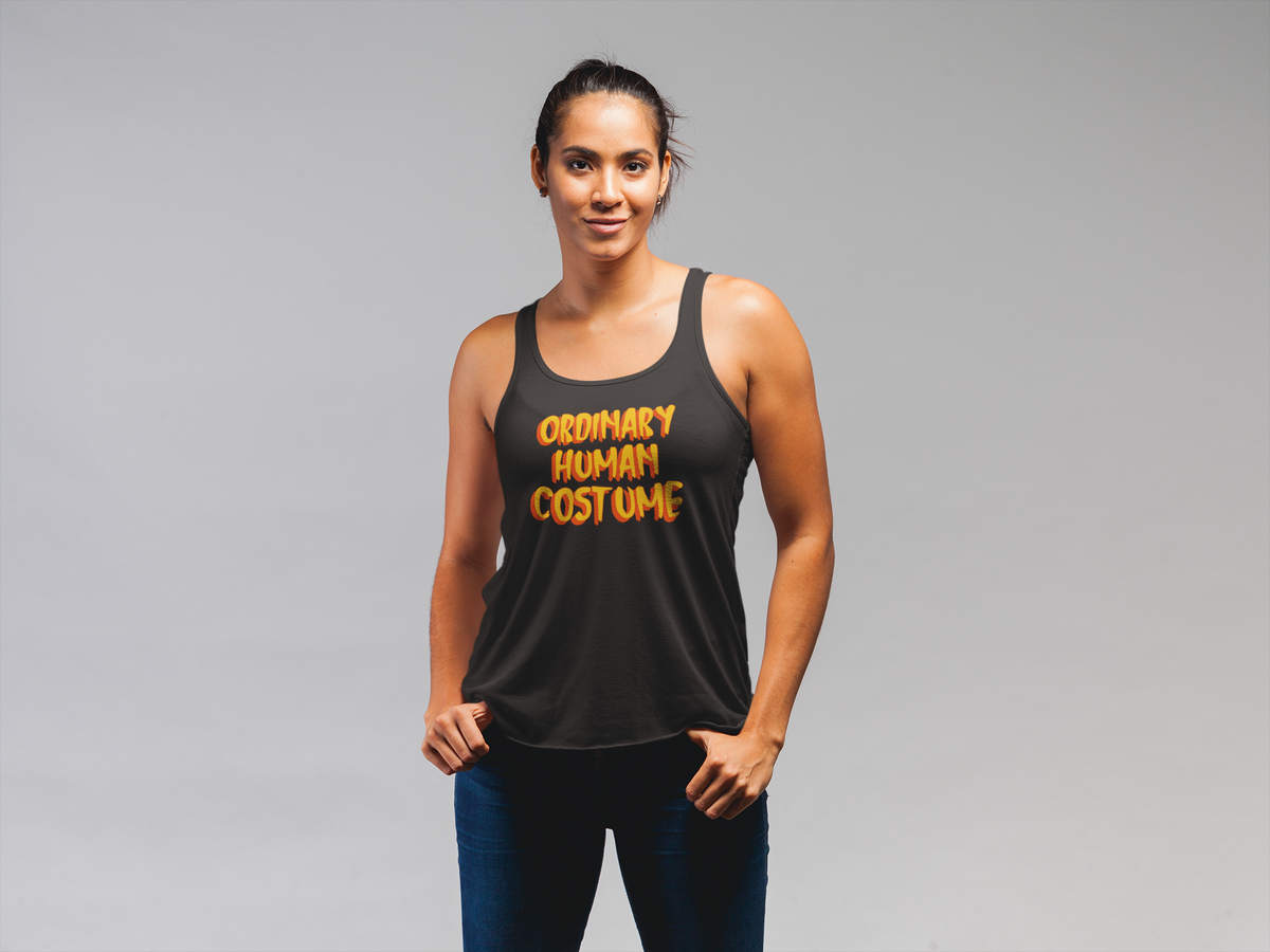 'Ordinary Human Costume' funny halloween tank top in black, woman wearing it studio shot, funny gift