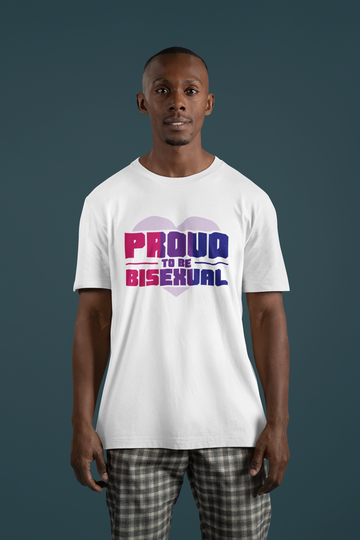 'Proud to Be Bisexual' T-shirt in white, man wearing it against a teal backdrop, bi pride gift shirt