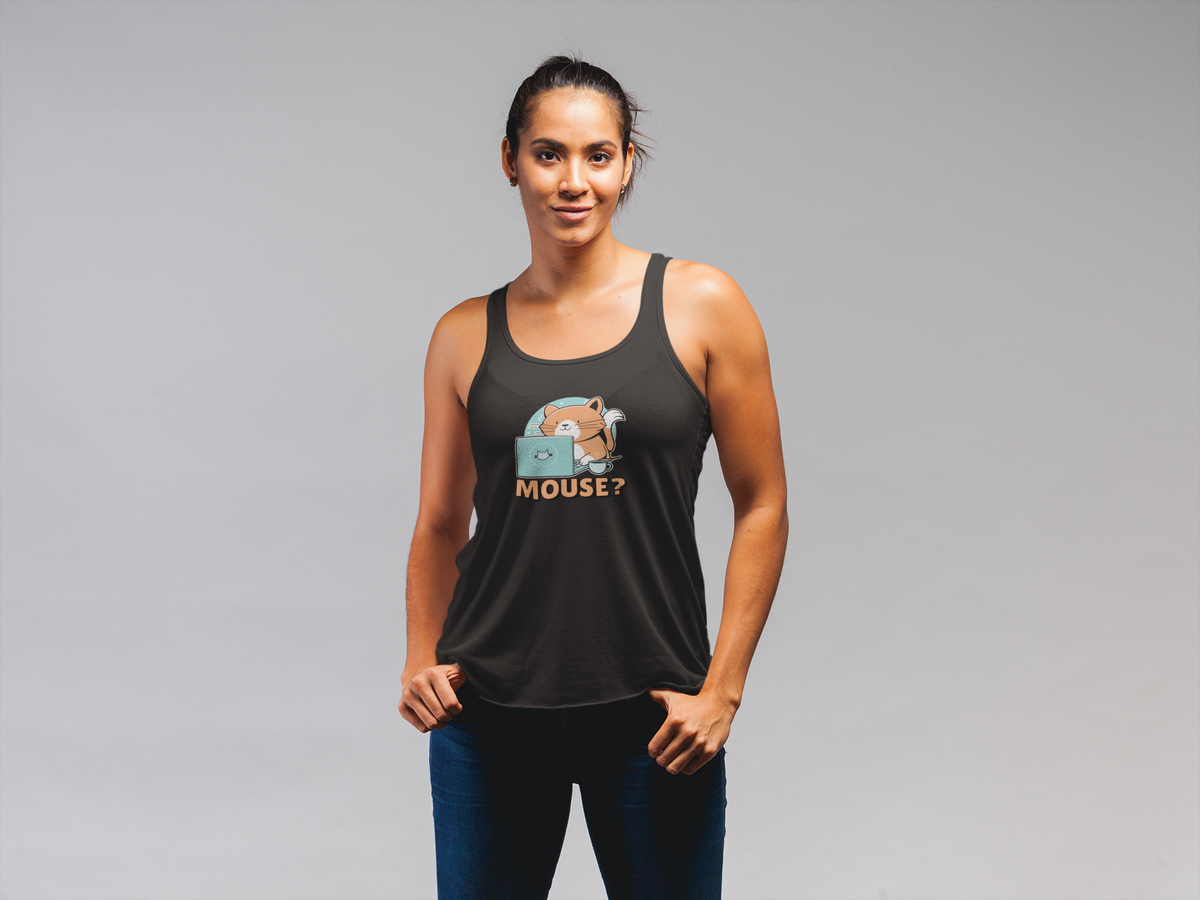 "Where Is The Mouse?" cat graphic tank top in black, woman wearing it in studio, funny cat lover gift