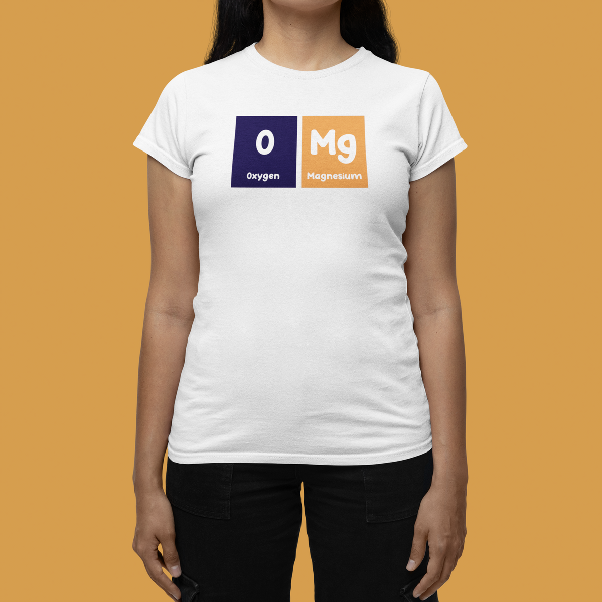 'O-Mg' periodic table women's tee in white, woman modeling it on orange background, funny chemistry gift