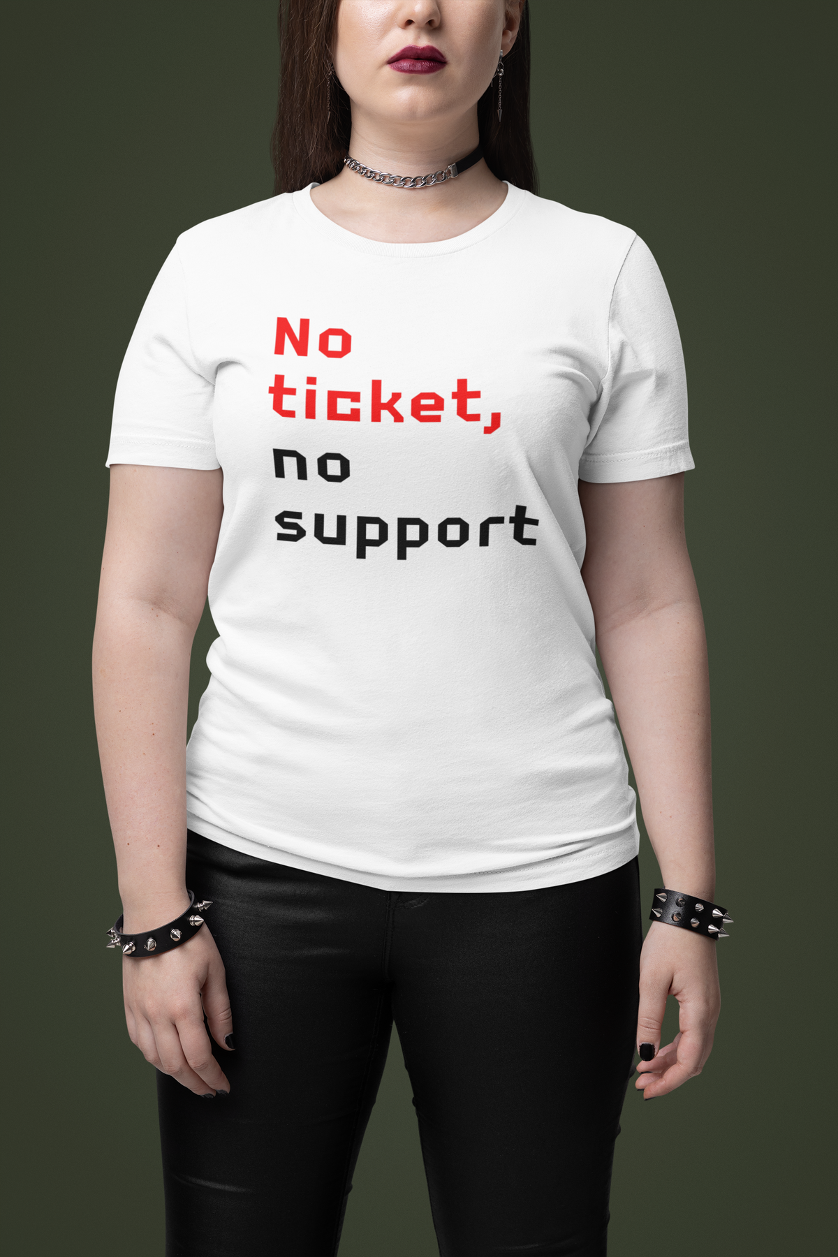 'No Ticket No Support' t-shirt in white, woman modeling it on dark green background, funny IT gift
