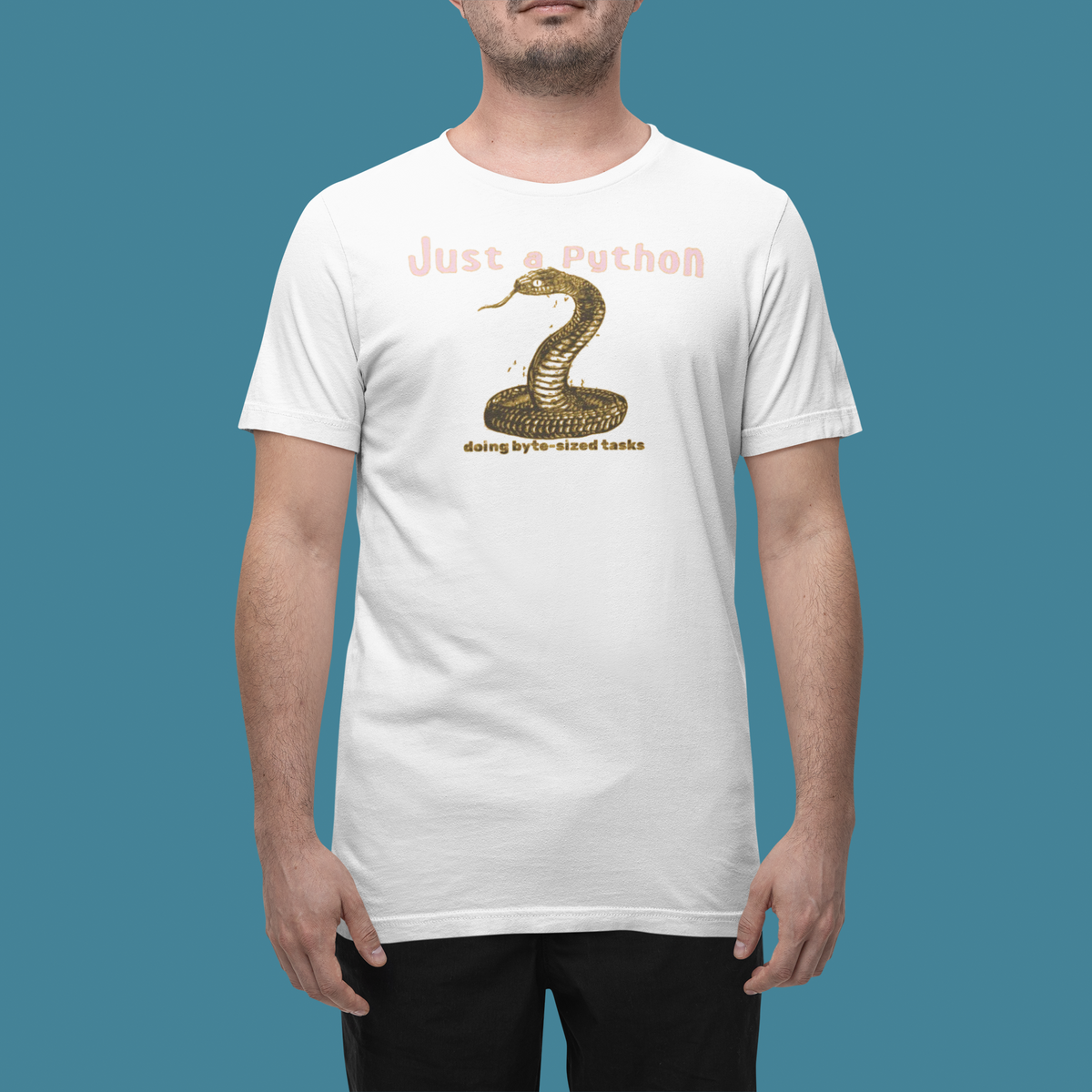 'Just a Python' t-shirt in white, man wearing it in a studio, T-Shirt mockup, Geekpsters