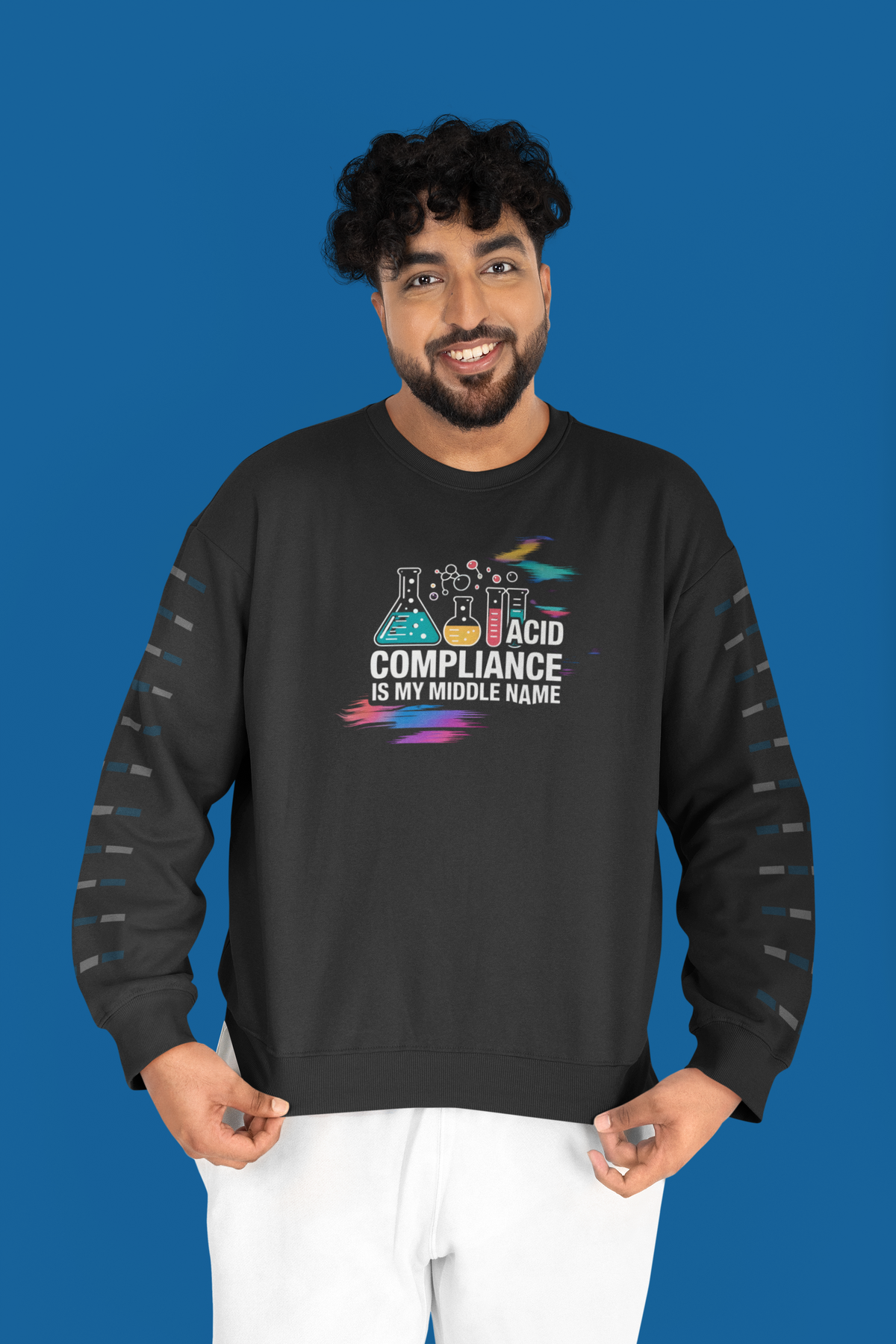 'ACID Compliance Is My Middle Name' sweatshirt in black, man wearing it on blue background, funny DBA gift