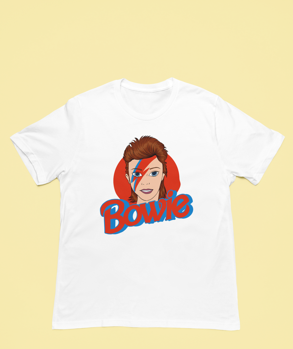 'Bowie' t-shirt in white, flat lay on yellow background, funny music fan gift shirt