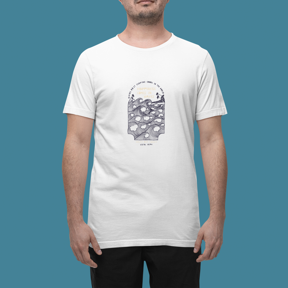 'Happiness Comes in Waves' t-shirt in white, man wearing it in a studio, T-Shirt mockup, Geekpsters