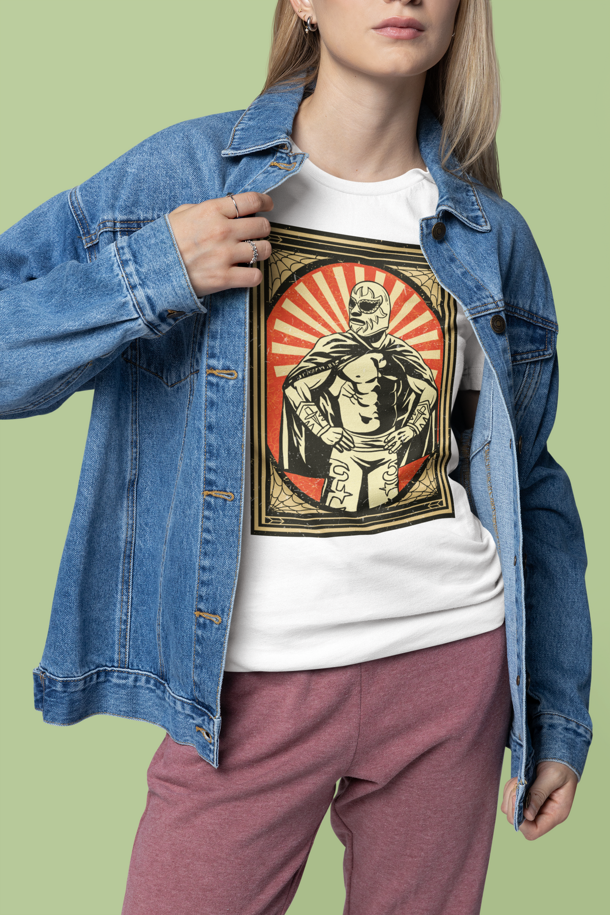'Mexican Wrestler' t-shirt in white, woman wearing it under a denim jacket, funny lucha libre gift