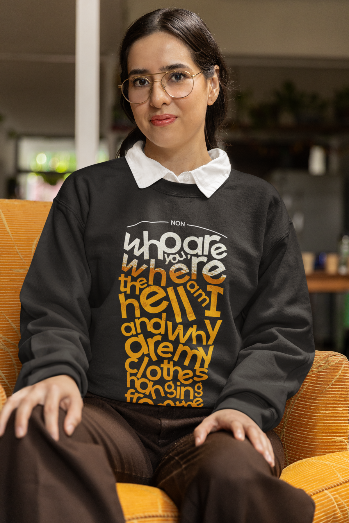 Beer Word Art crewneck sweatshirt in charcoal, woman wearing it indoors, funny gift for beer lovers