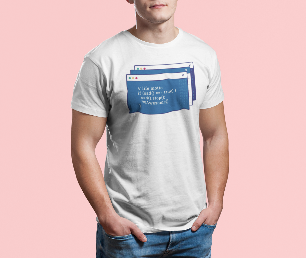'Coding Is Fun' browser code t-shirt in white, man model wearing it against a pink background, gift for developers