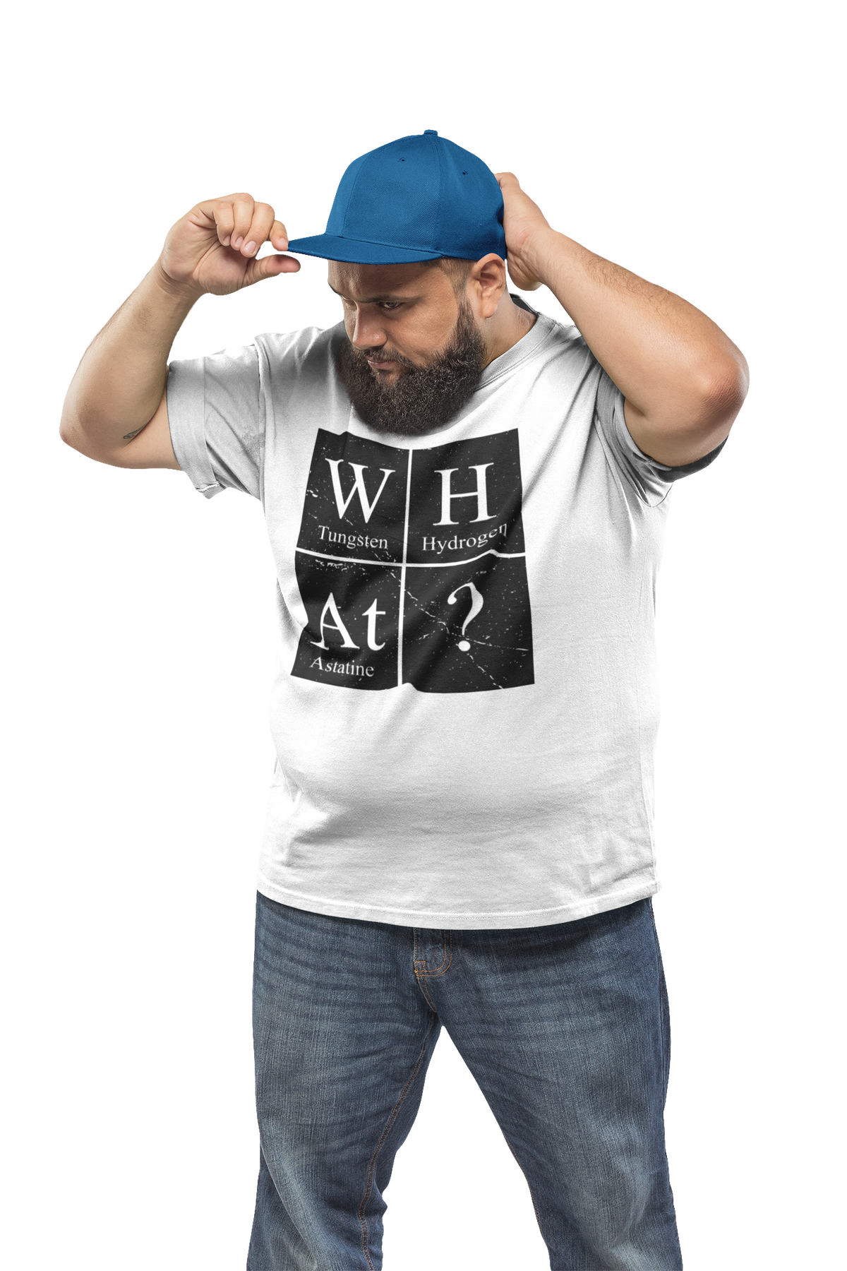 'W-H-At?' periodic table t-shirt in white, bearded man wearing a cap, funny chemistry shirt
