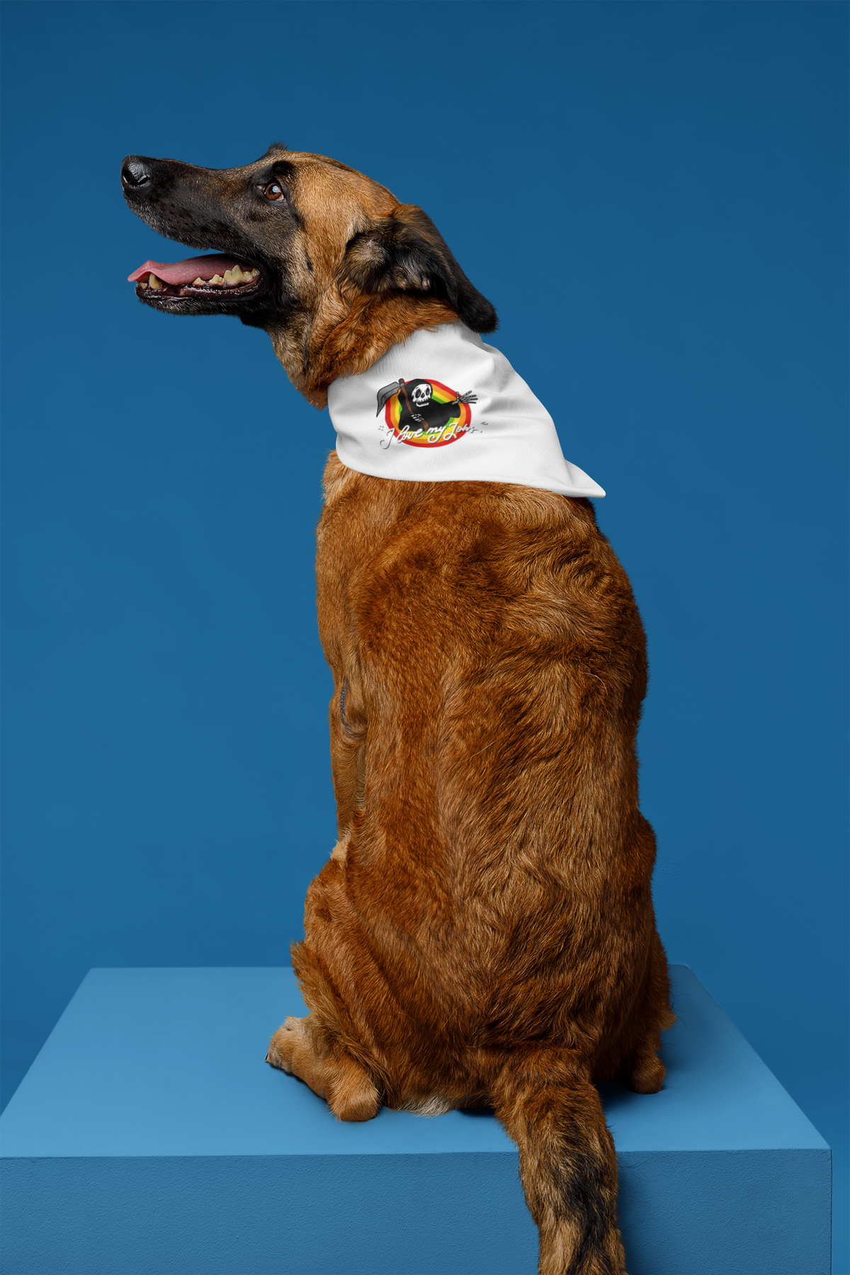 "I Love My Job" grim reaper pet bandana in black on a dog, blue backdrop, funny work humor gift