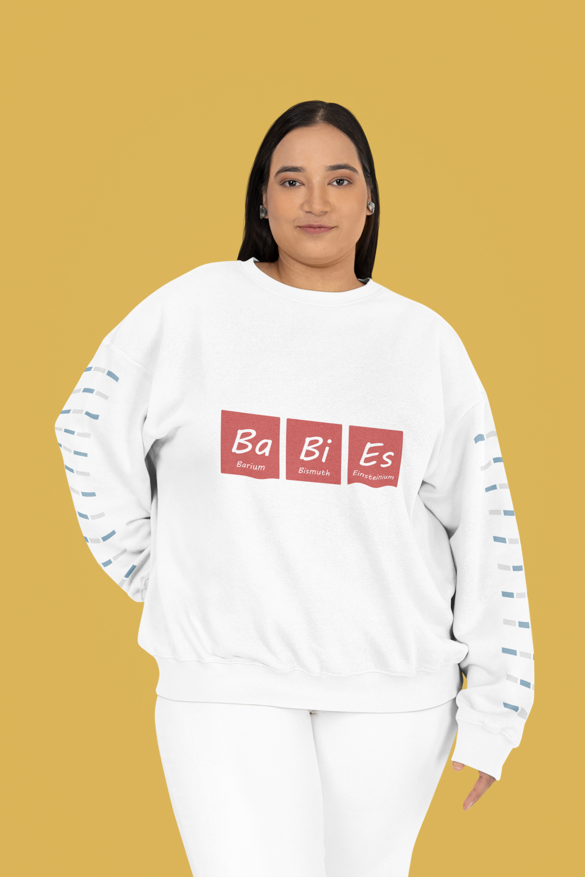 Ba-Bi-Es periodic table baby element pun crewneck sweatshirt, model wearing it in natural light