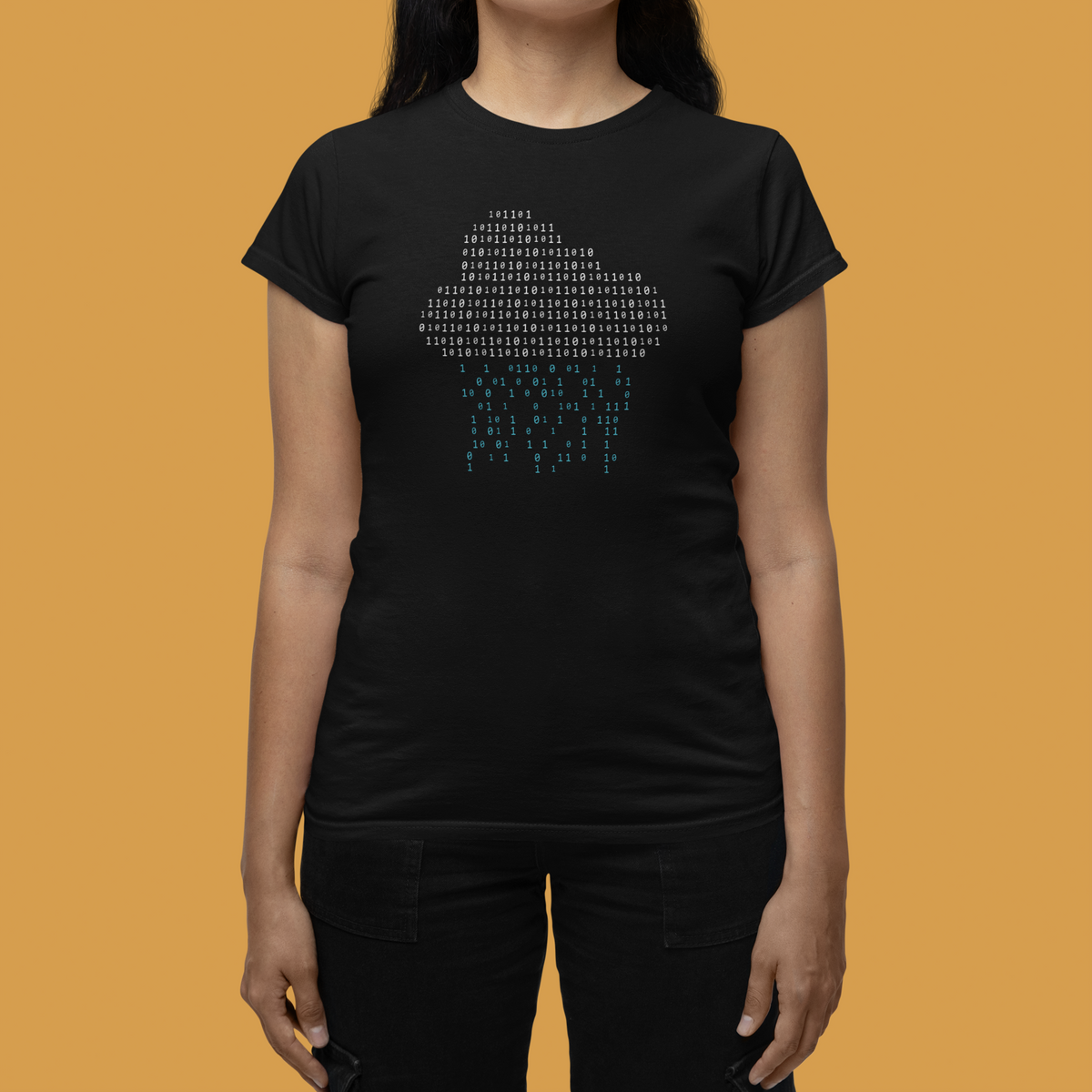 Binary rain cloud graphic tee in black, woman wearing it on orange backdrop, funny gift for her