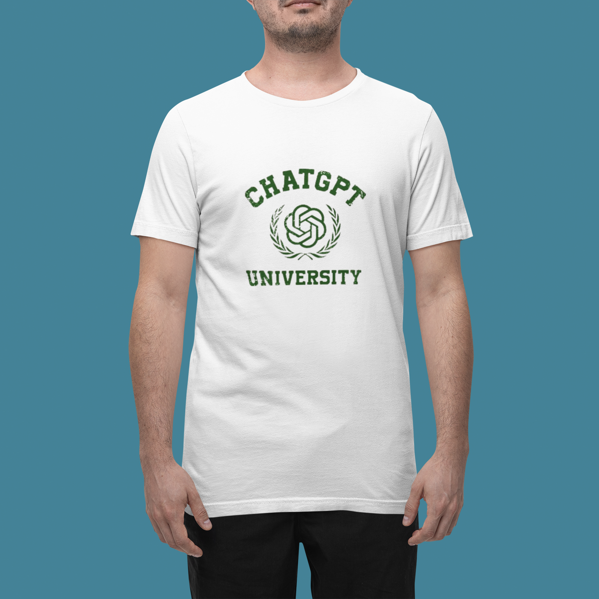 'Chat GPT University T-Shirt' in white, man in a studio, T-Shirt mockup, Geekpsters