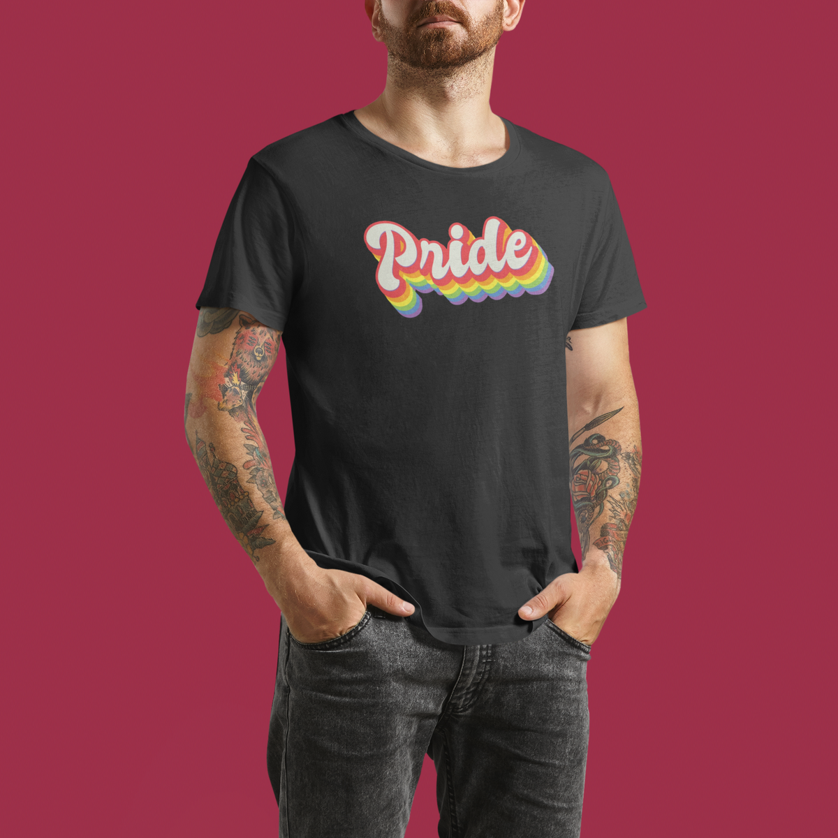 Pride Rainbow T-shirt in dark heather, man wearing it, close-up of retro rainbow print, pride gift shirt