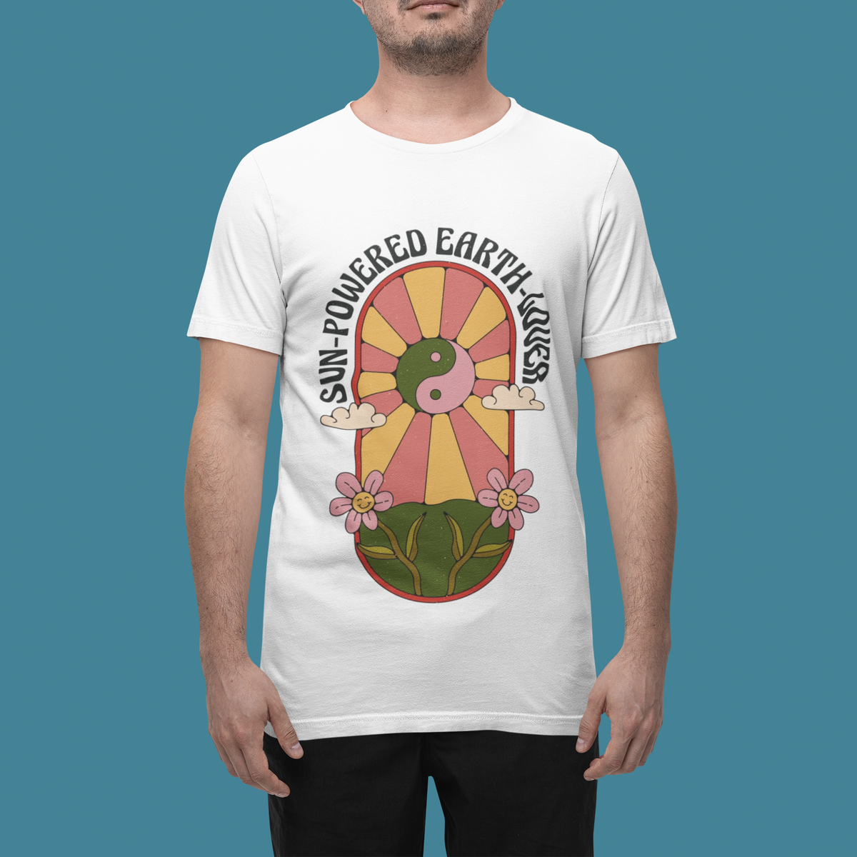 'Sun Powered Earth Lover' t-shirt in white, man model wearing it against a teal background
