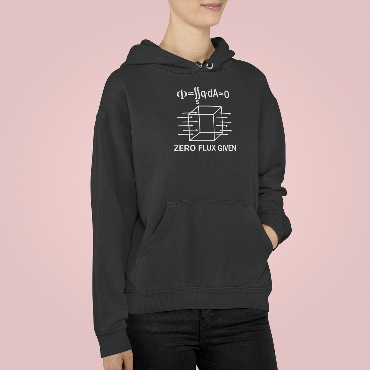'Zero Flux Given' physics equation Hoodie in charcoal, woman wearing it against pink backdrop, physics gift