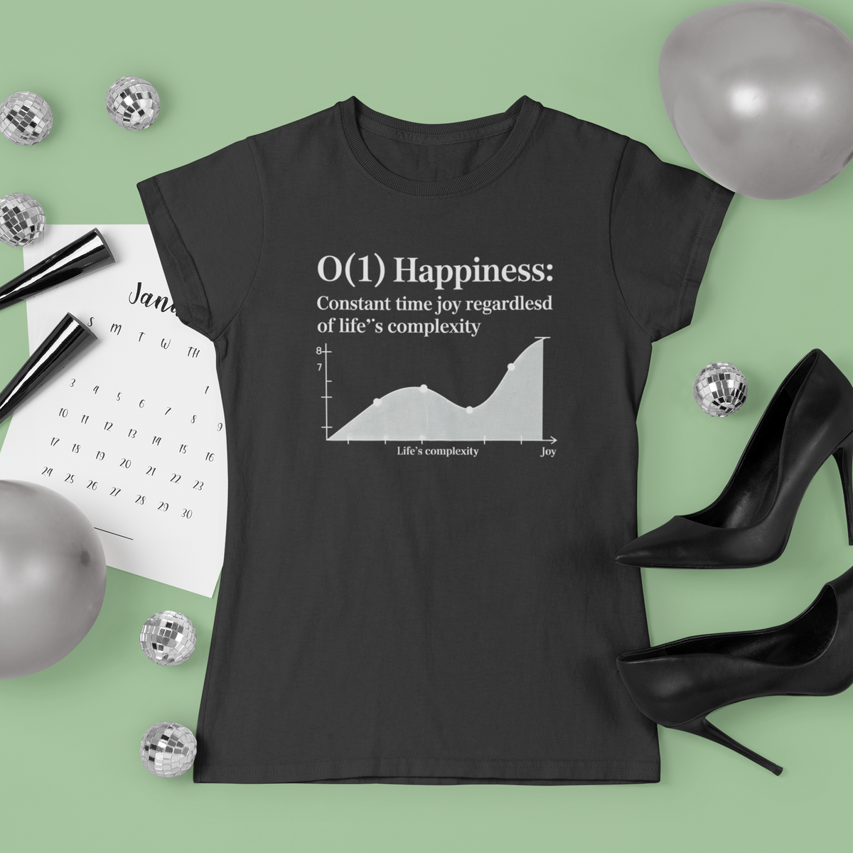 ‘O(1) Happiness’ black tee, flat lay with party balloons, funny graduation gift for programmers