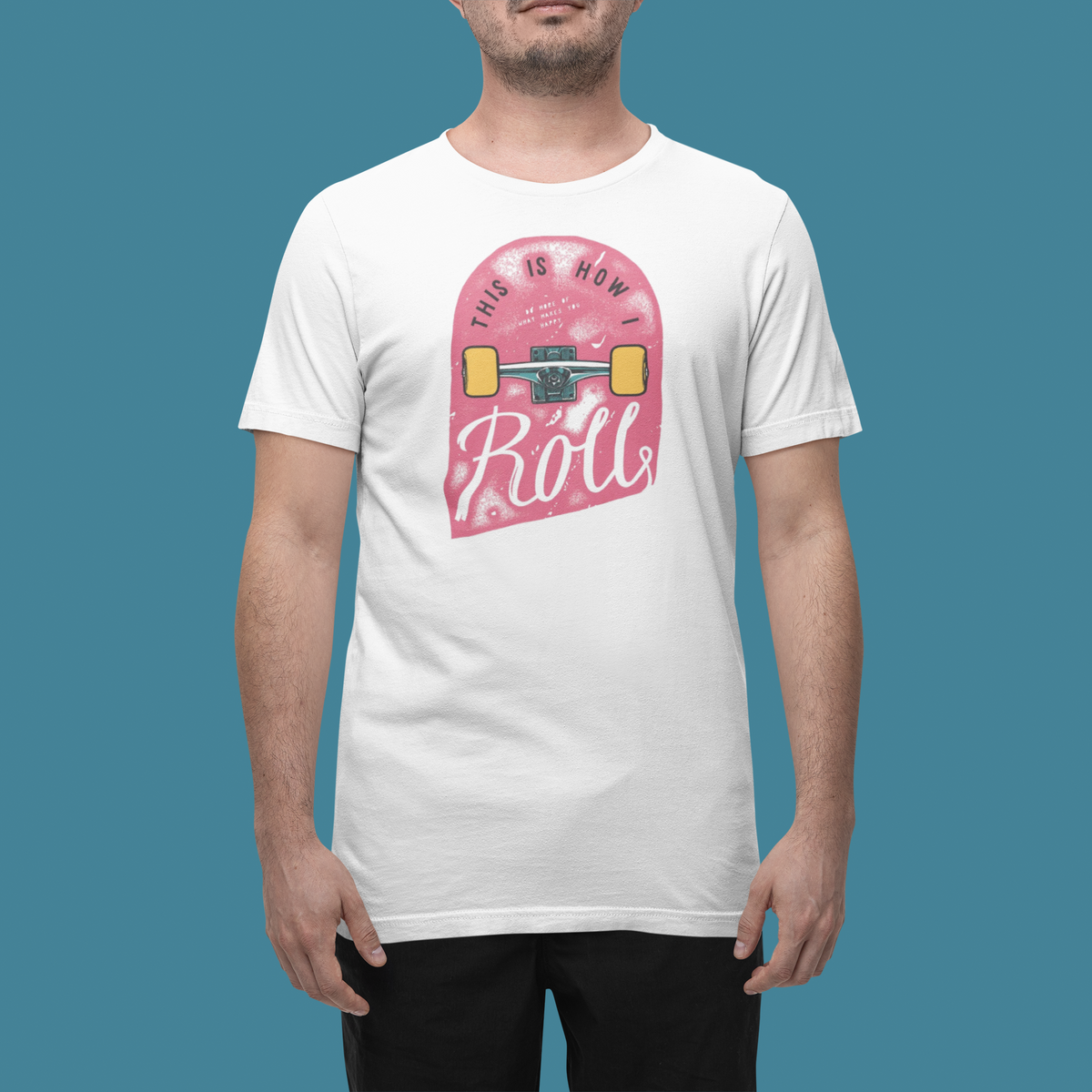 'This is how I roll' t-shirt in white, man wearing it in a studio, T-Shirt mockup, Geekpsters