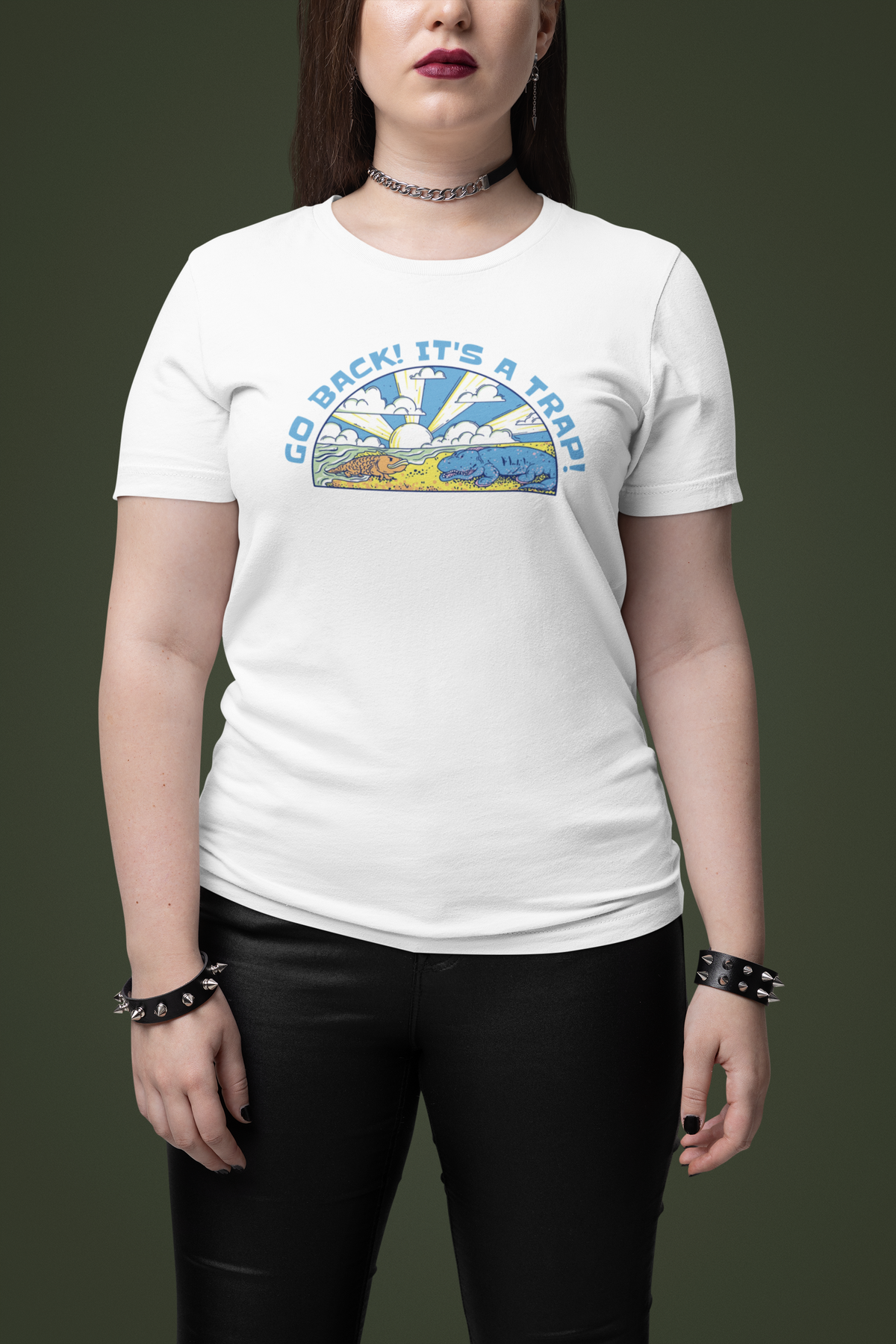 'Go Back It's A Trap' t-shirt in white, woman wearing it studio shot, funny quirky gift shirt