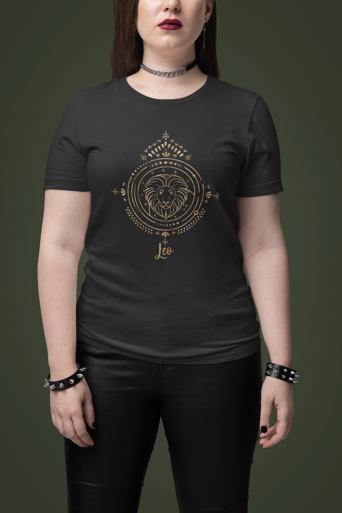 Leo zodiac T-shirt in black, woman wearing it in a studio setting, funny zodiac gift shirt