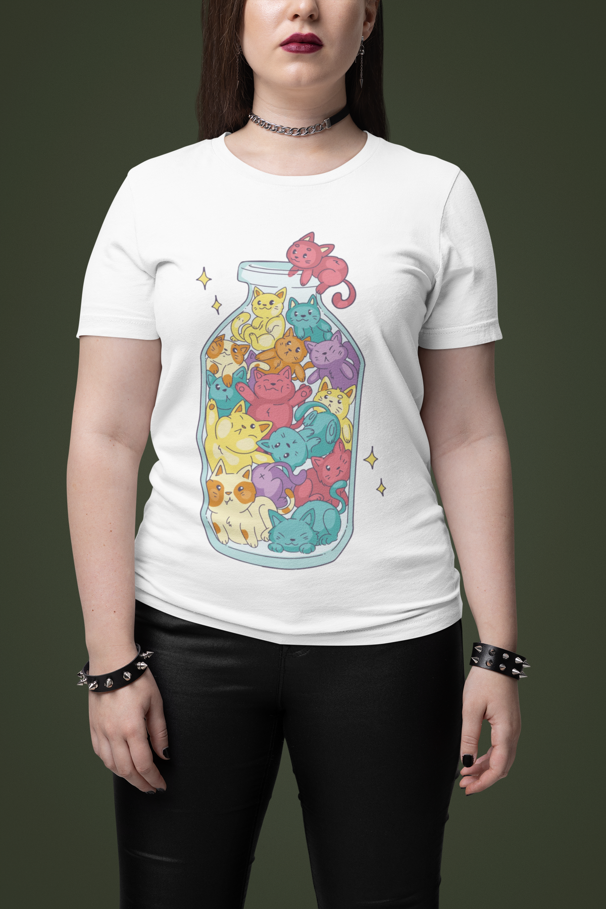 'Cats in a Bottle' t-shirt in white, styled flat lay with props, funny cat lover gift idea