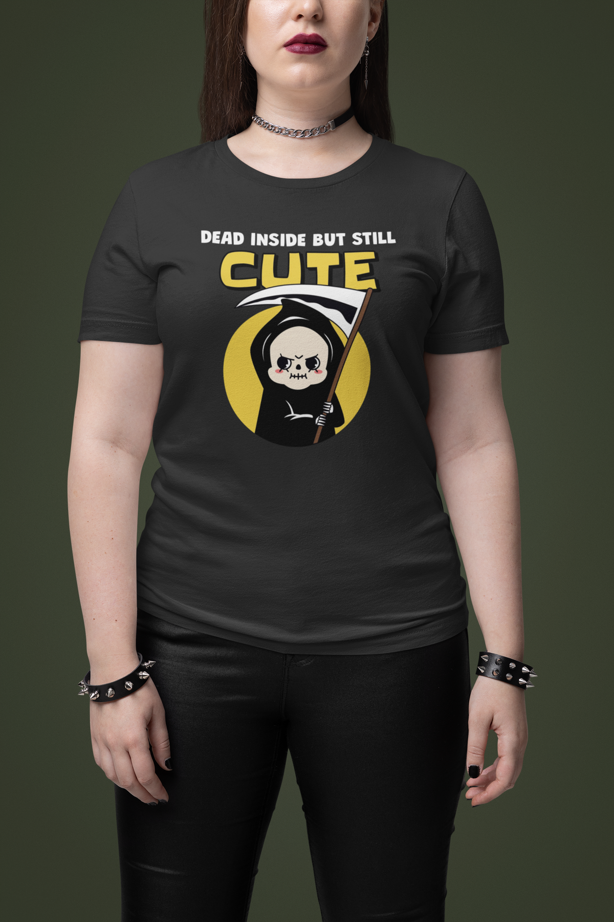 'Dead Inside but Still Cute' grim reaper t-shirt in charcoal, woman wearing it, dark humor tee gift
