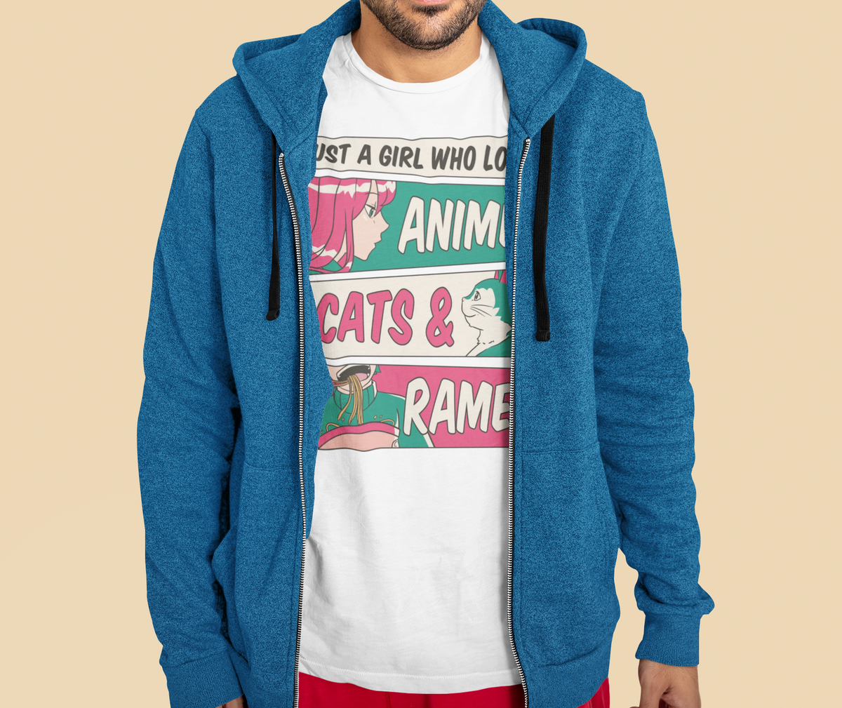 'Just a Girl Who Loves Anime, Cats & Ramen' t-shirt in white, man wearing it under a blue zip hoodie