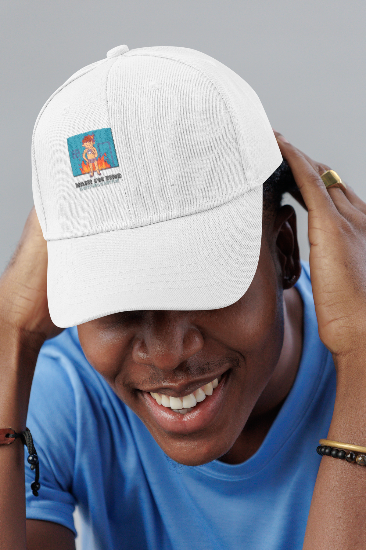NAH I'm Fine meme dad hat, smiling man in a studio, lifestyle mockup, Geekpsters