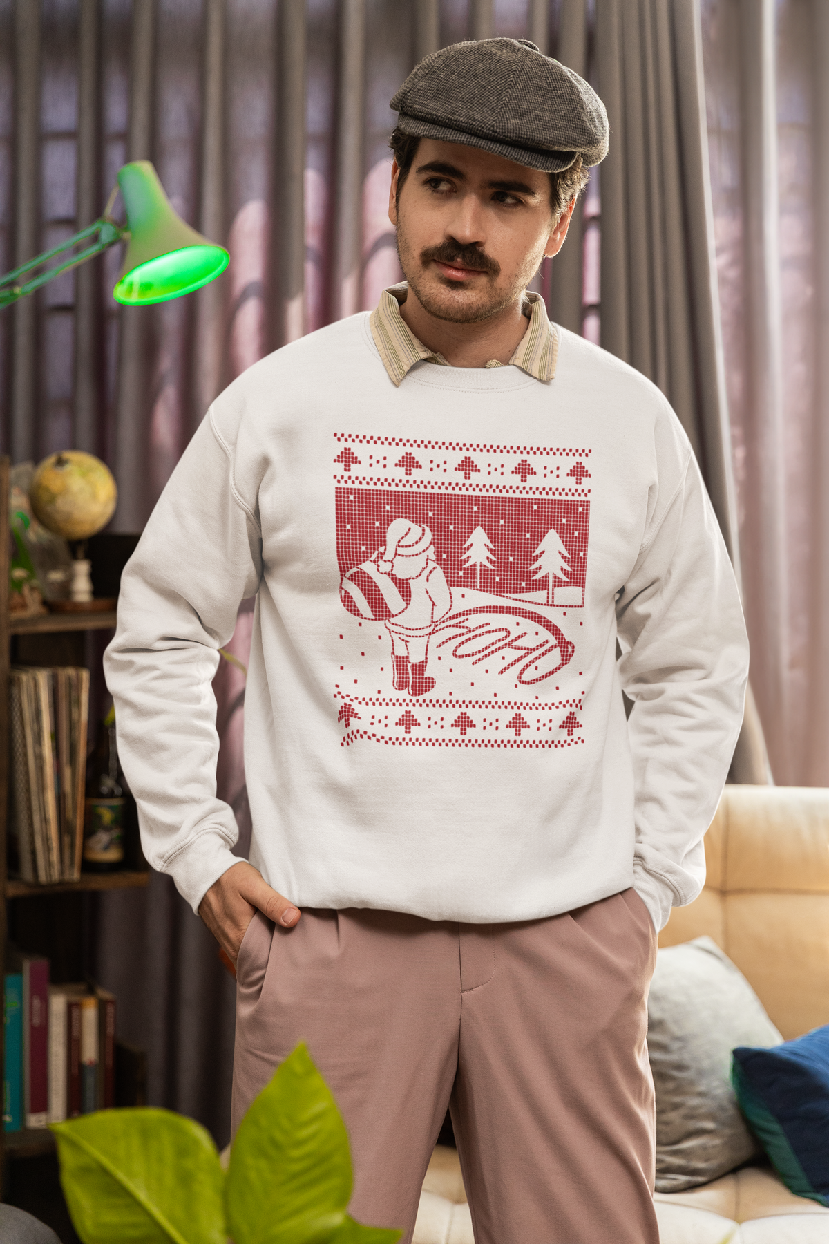 Ugly Sweater HoHo Santa sweatshirt in heather beige, man wearing a flat cap indoors, holiday gift