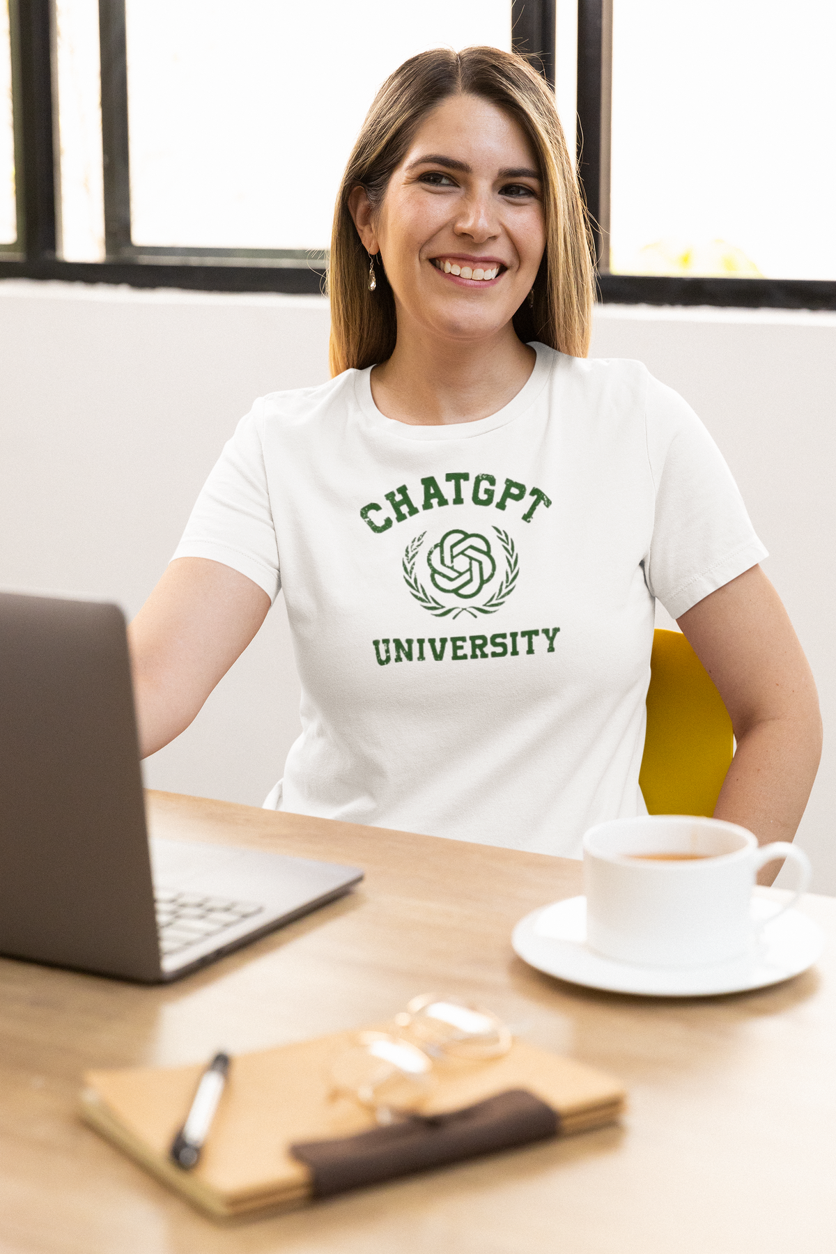 'Chat GPT University T-Shirt' in white, woman at an office desk, T-Shirt mockup, Geekpsters