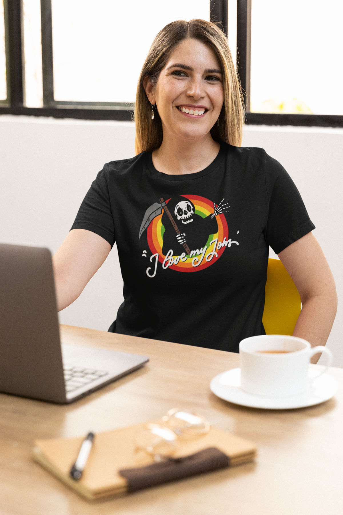 'Love My Jobs' women's t-shirt in black, woman wearing it at the office, T-Shirt mockup, Geekpsters