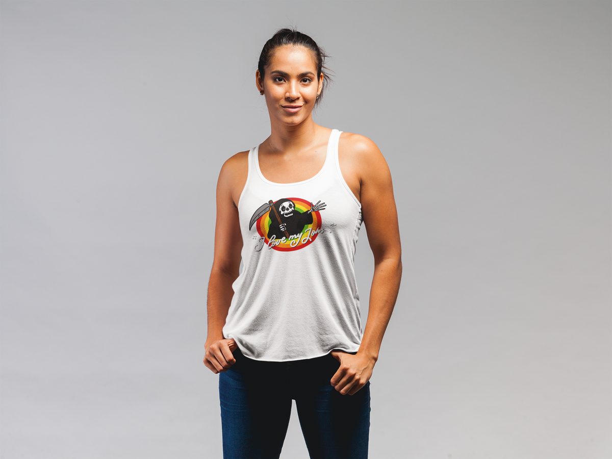 'Love My Job' Women's Tank in white, woman wearing it, funny sarcastic tank gift for her