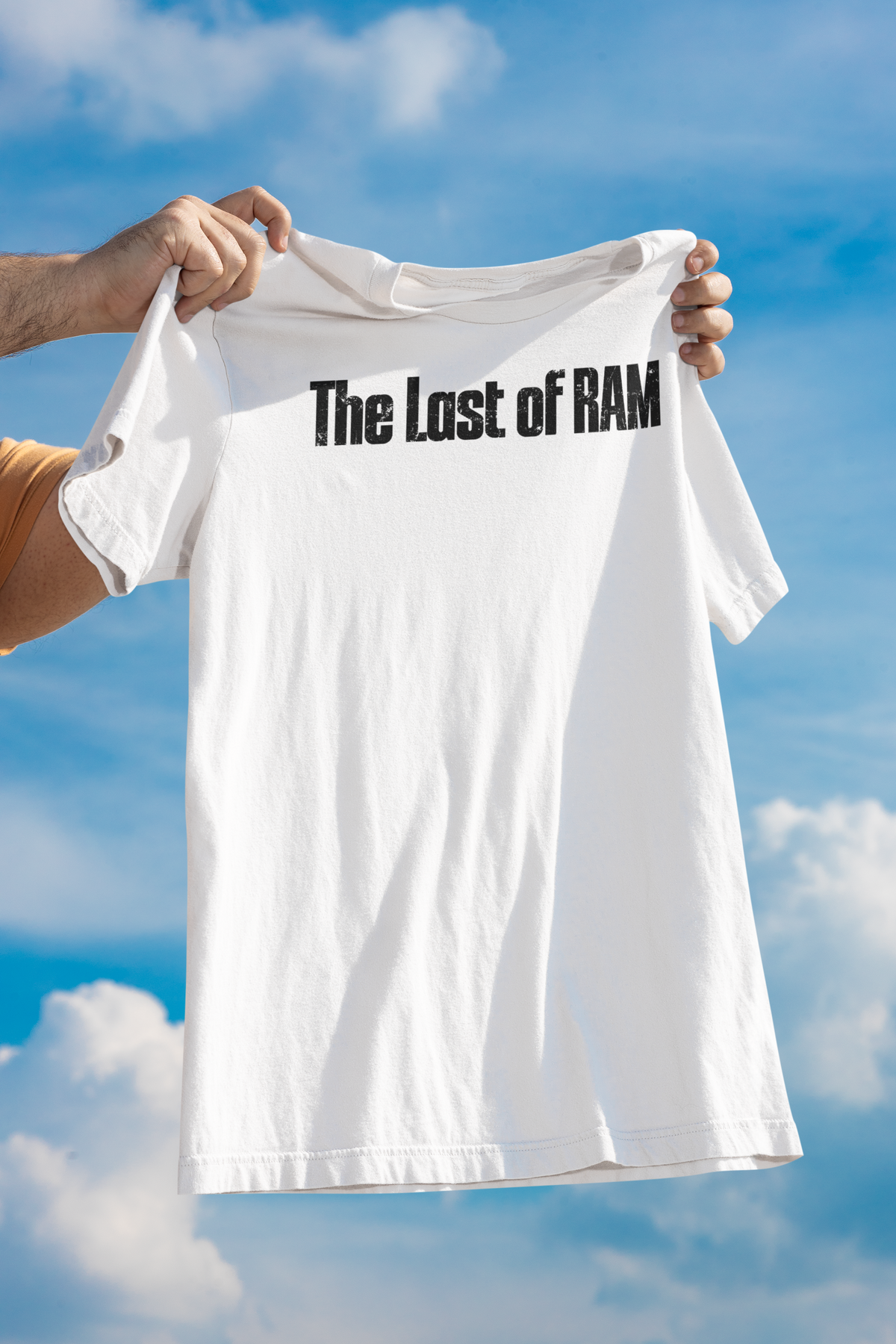 'The Last of RAM' T-shirt in white, man holding it up against a cloudy sky backdrop, coder gift tee