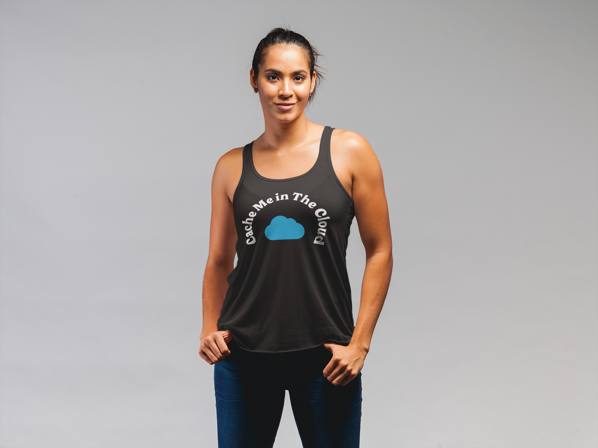 'Cache Me in The Cloud' tank top in black, woman wearing it with leggings, funny gift for gym tech fans