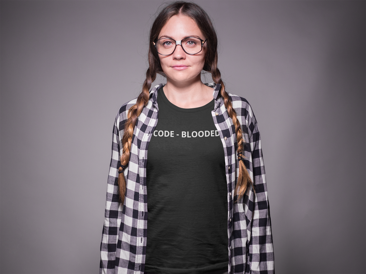 'Code - Blooded' t-shirt in black, woman with braided pigtails wearing it, funny gift for programmers