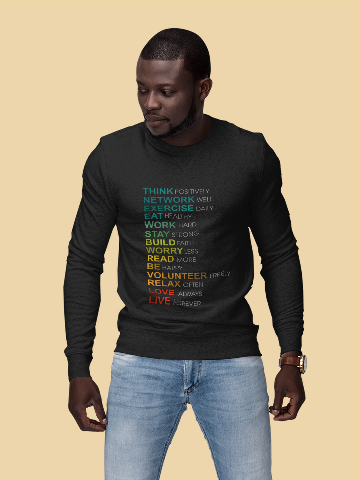 Think positive word list sweatshirt in black, bearded man wearing it, funny motivational gift