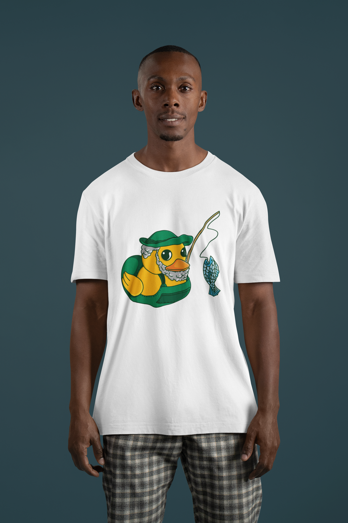 Fisherman duck t-shirt in white, man model wearing it against a dark teal background, funny fishing gift shirt