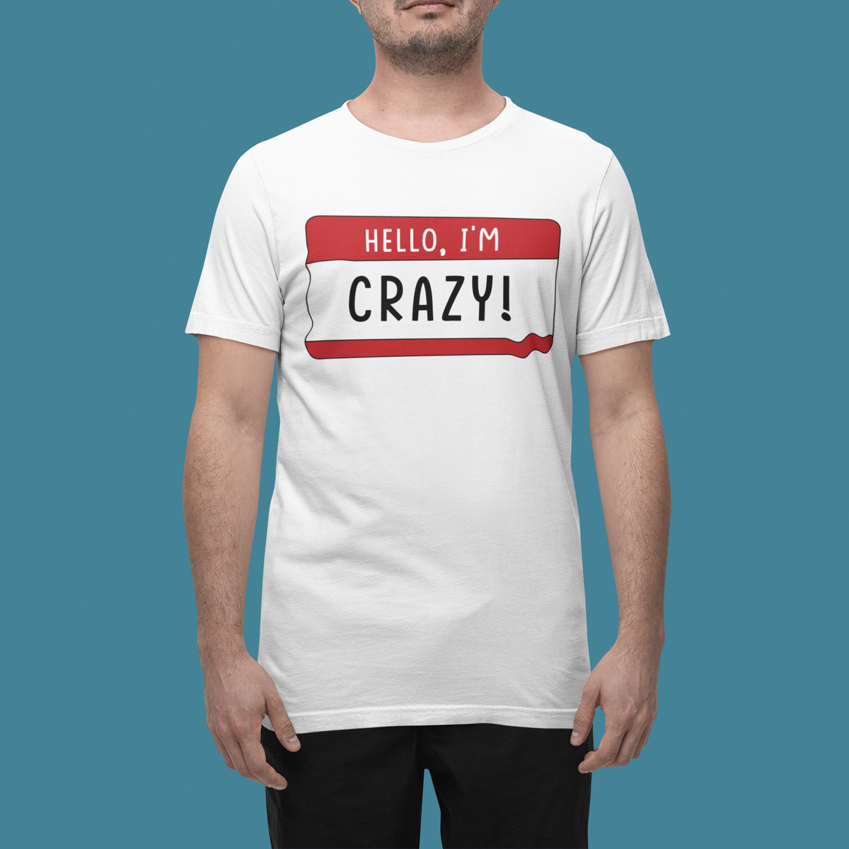 Model wearing Hello I'm CRAZY t-shirt front view | Geekpsters