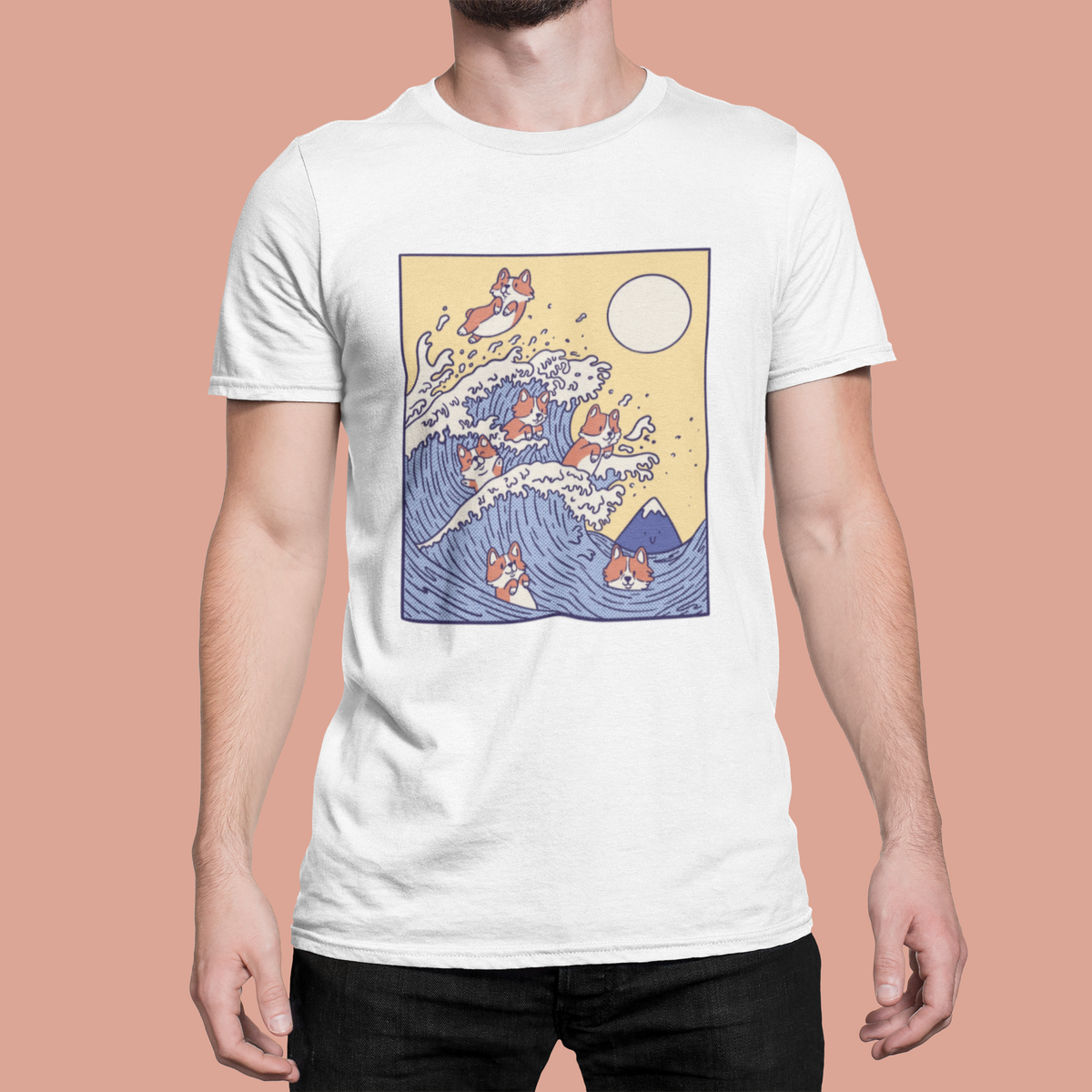 Wave of Cats T-shirt in white, man wearing it against a pink backdrop, funny gift for dog lovers